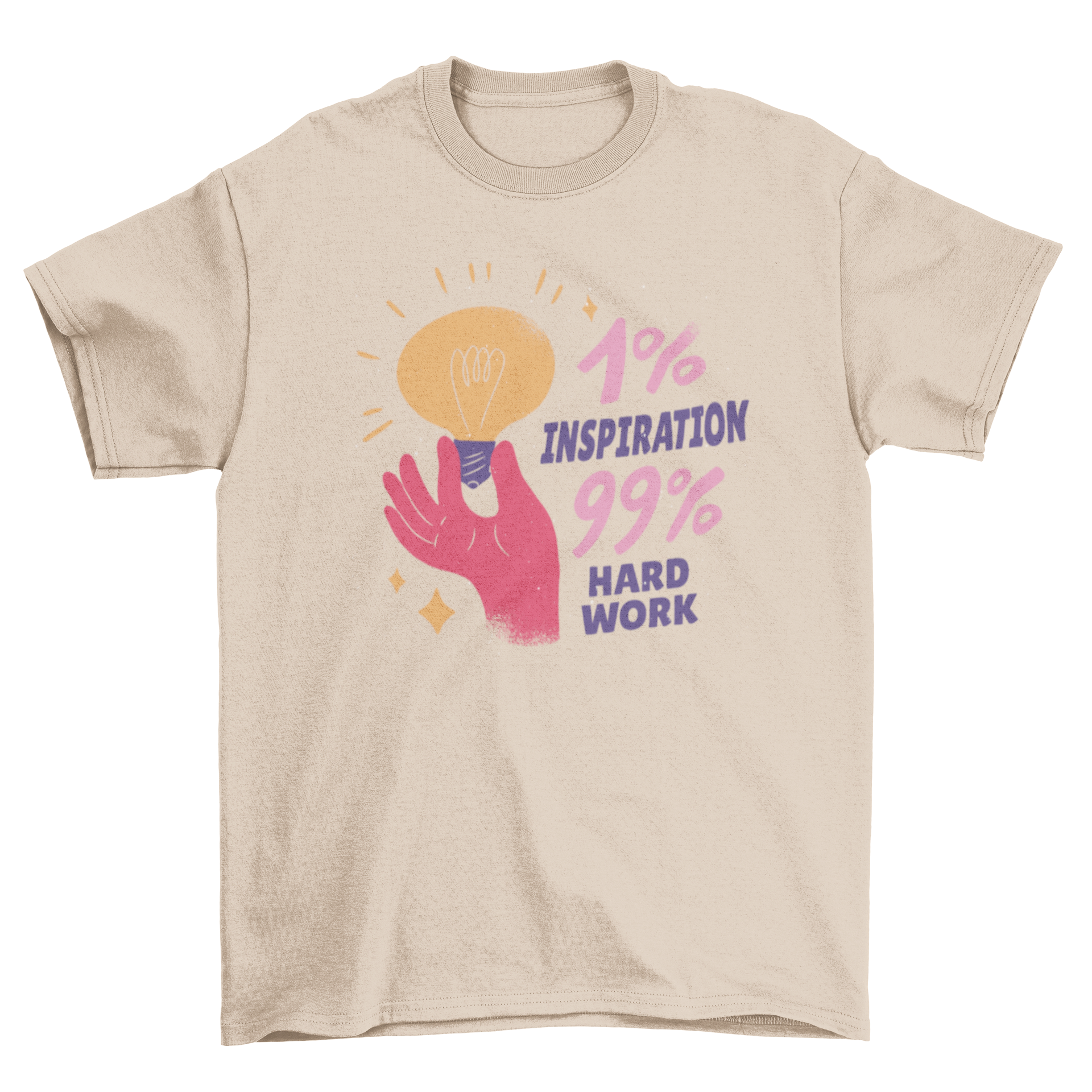 A stylish t-shirt featuring a hand holding a lightbulb with the quote '1% inspiration, 99% hard work' in a motivational design.