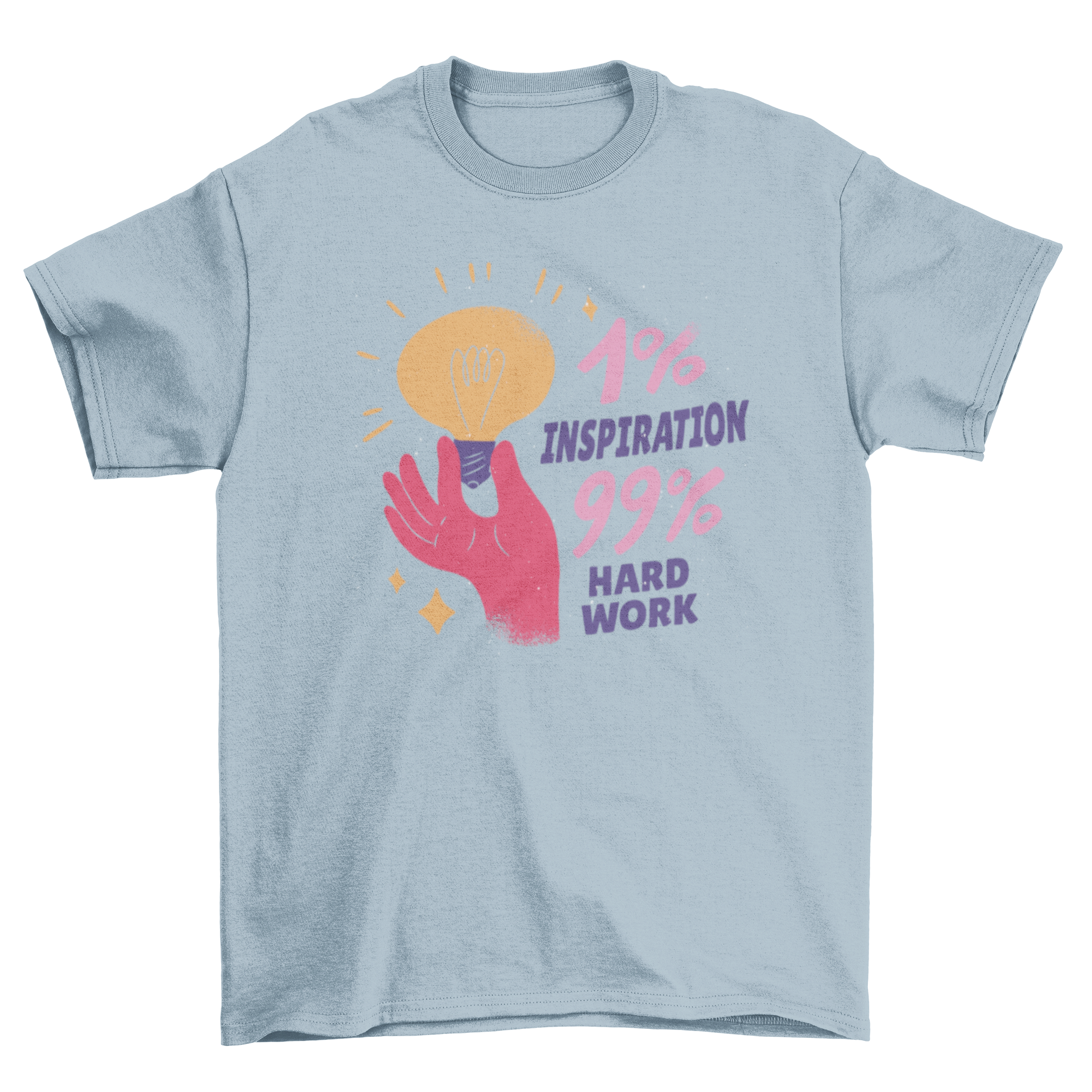 A stylish t-shirt featuring a hand holding a lightbulb with the quote '1% inspiration, 99% hard work' in a motivational design.