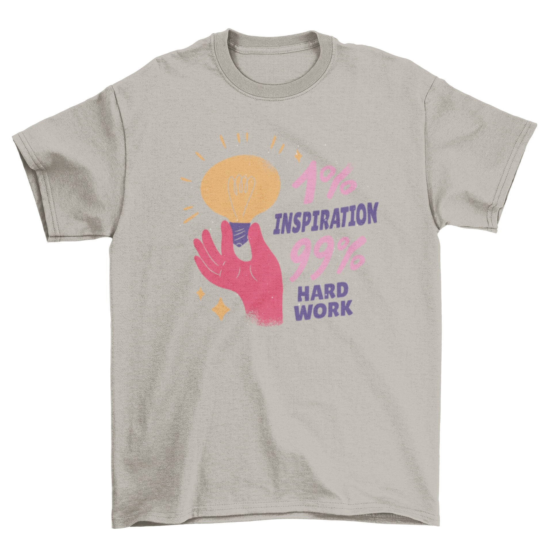 A stylish t-shirt featuring a hand holding a lightbulb with the quote '1% inspiration, 99% hard work' in a motivational design.