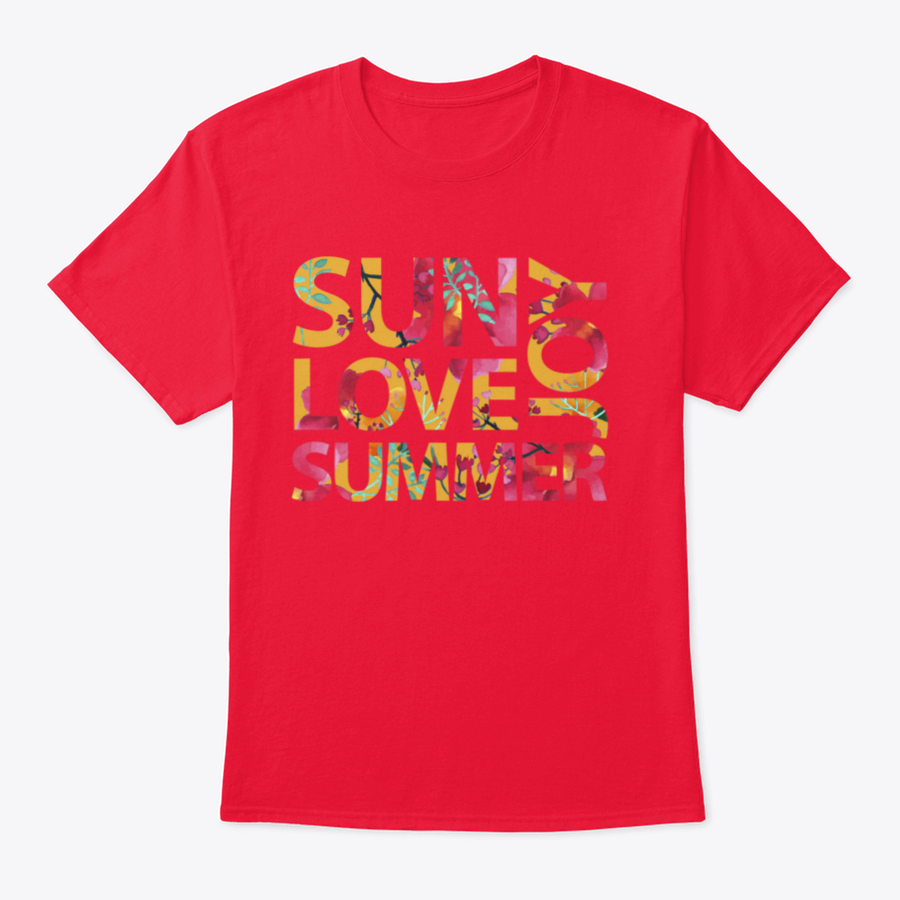 A stylish T-shirt featuring the inspirational quote 'Sun Love Summer Joy', made from 100% cotton, perfect for summer wear.