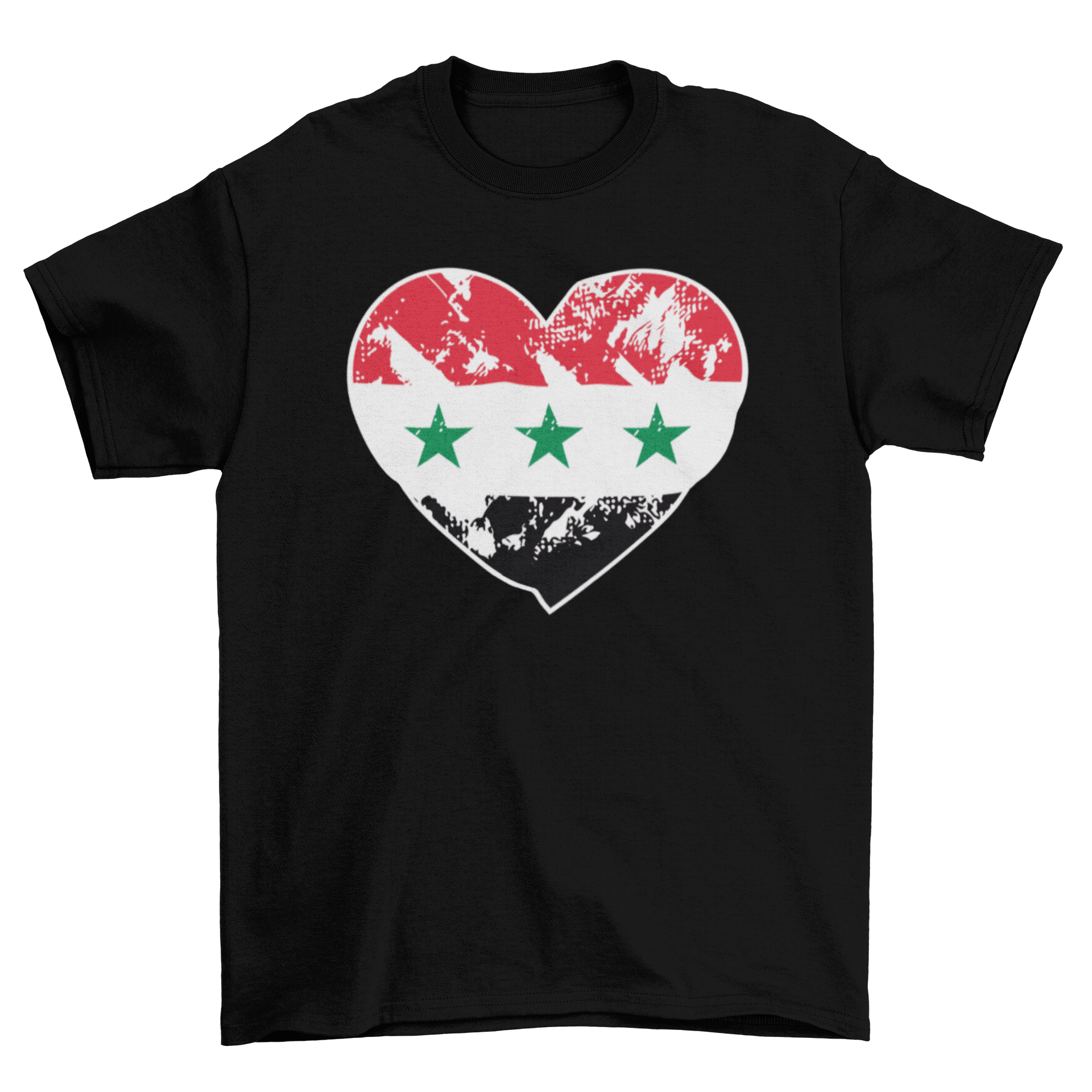 A stylish t-shirt featuring the Iraq flag illustrated in a heart shape, showcasing national pride.