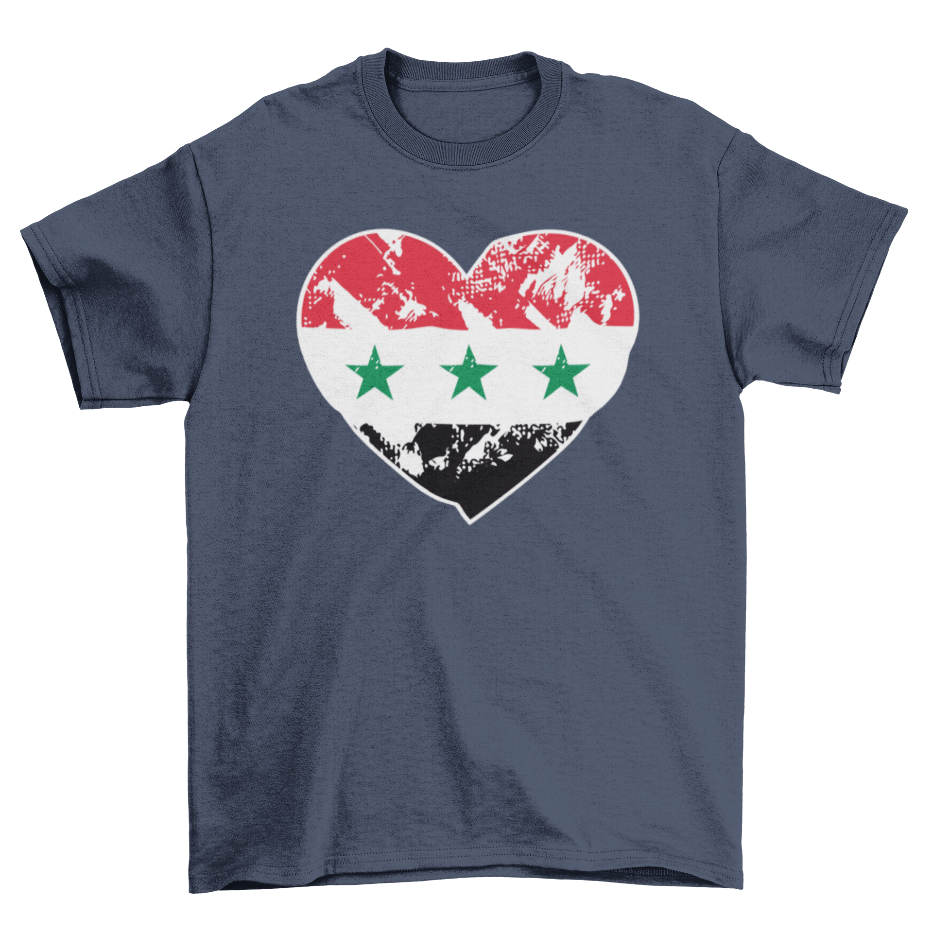 A stylish t-shirt featuring the Iraq flag illustrated in a heart shape, showcasing national pride.