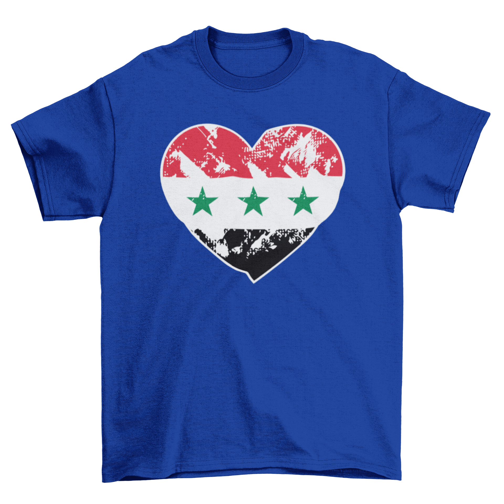 A stylish t-shirt featuring the Iraq flag illustrated in a heart shape, showcasing national pride.