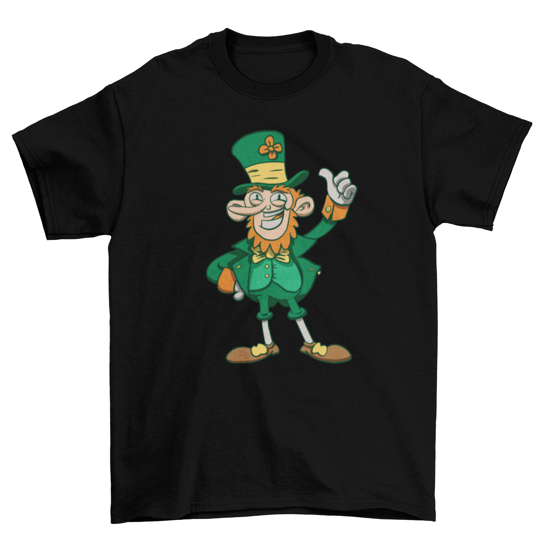 A colorful t-shirt featuring a cartoon leprechaun giving a thumbs-up, perfect for St. Patrick's Day.