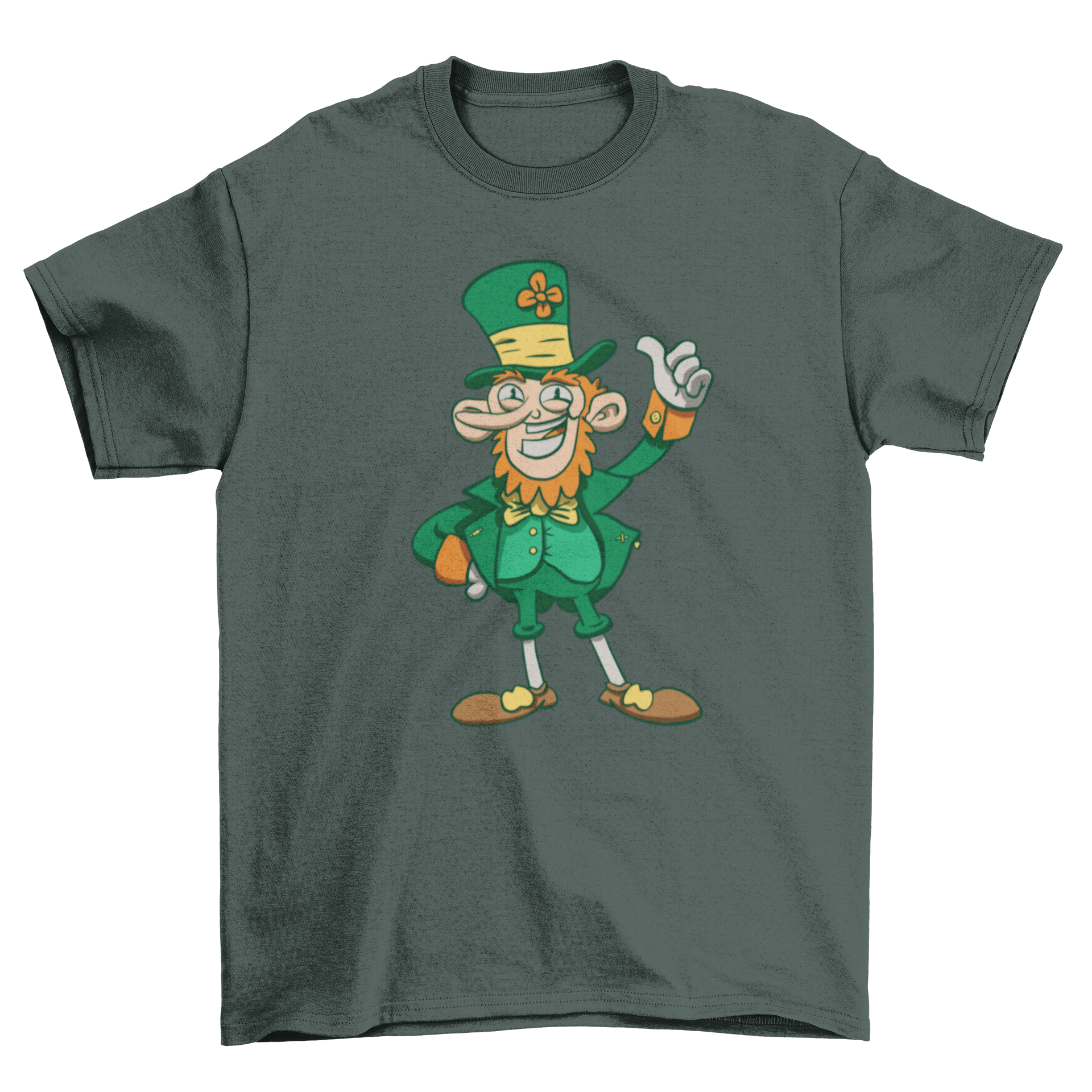 A colorful t-shirt featuring a cartoon leprechaun giving a thumbs-up, perfect for St. Patrick's Day.