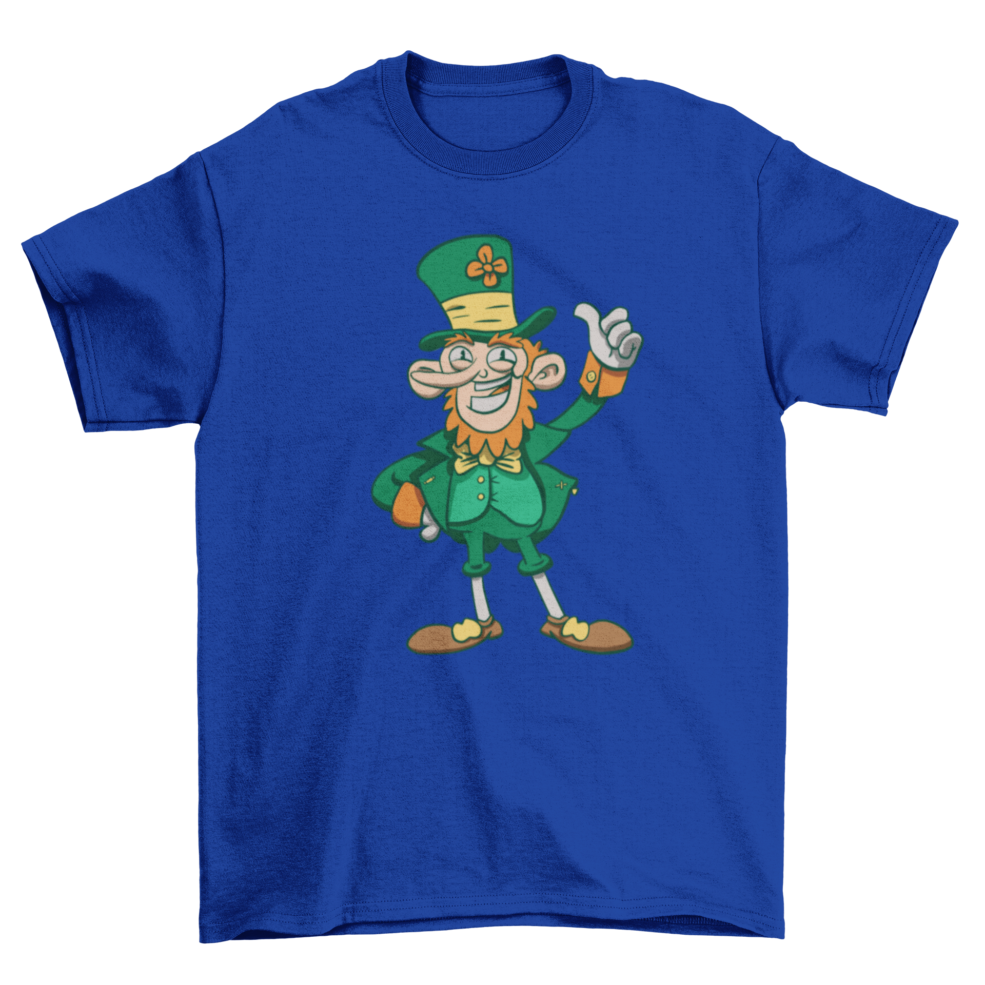 A colorful t-shirt featuring a cartoon leprechaun giving a thumbs-up, perfect for St. Patrick's Day.