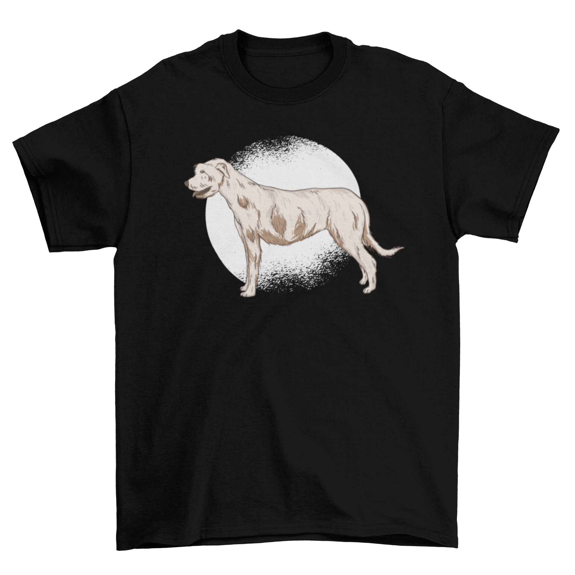 A stylish t-shirt featuring an illustration of an Irish Wolfhound, showcasing its majestic appearance.