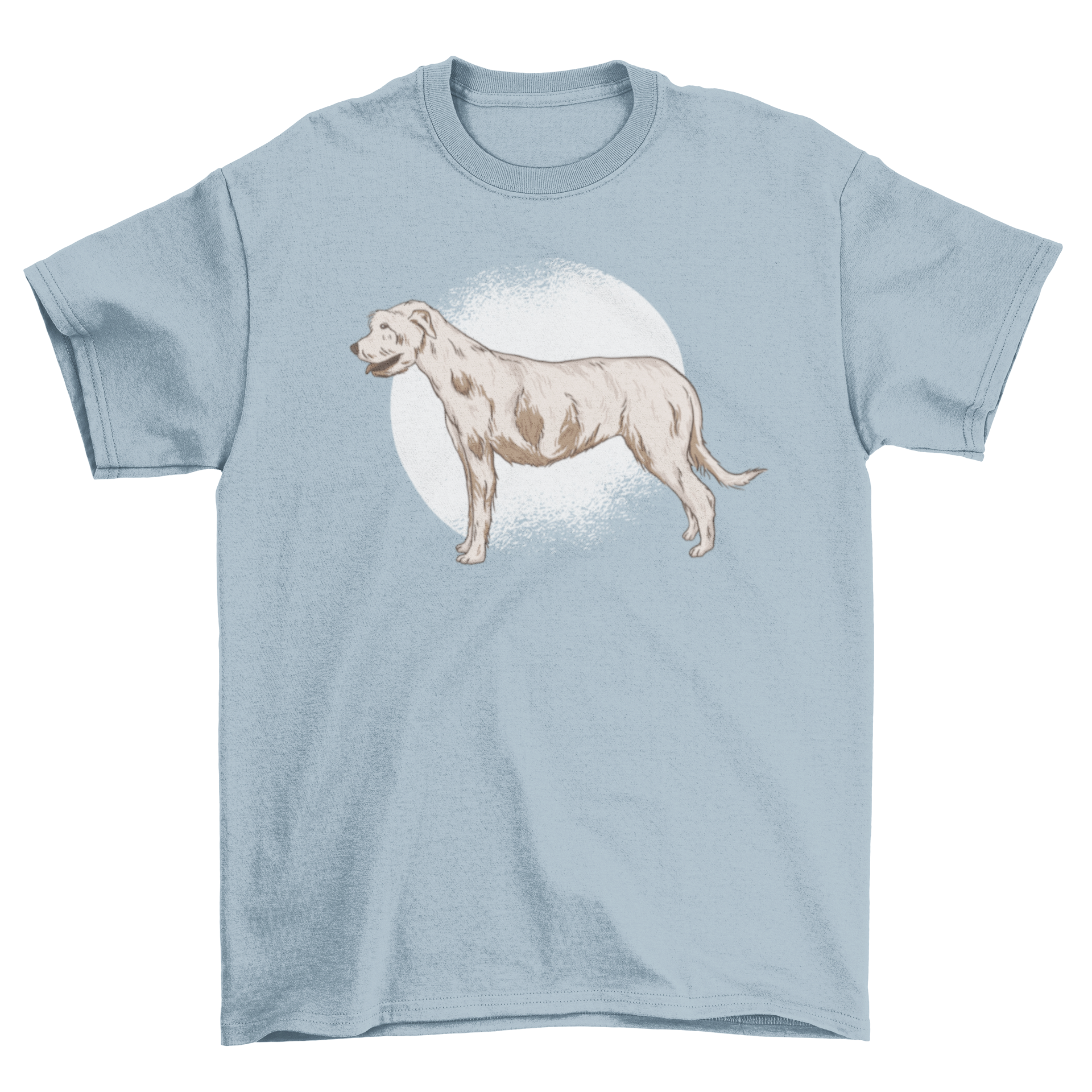 A stylish t-shirt featuring an illustration of an Irish Wolfhound, showcasing its majestic appearance.