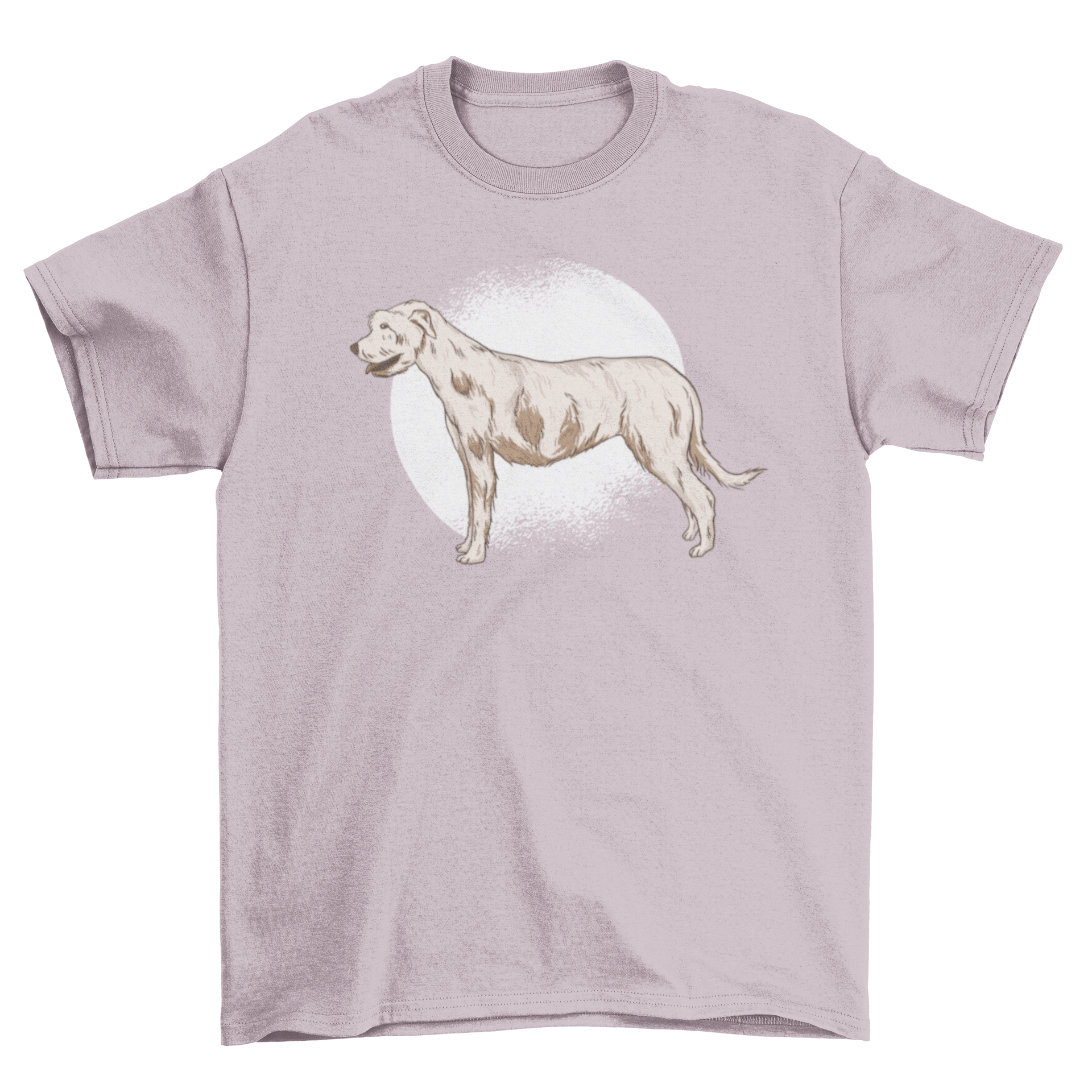 A stylish t-shirt featuring an illustration of an Irish Wolfhound, showcasing its majestic appearance.