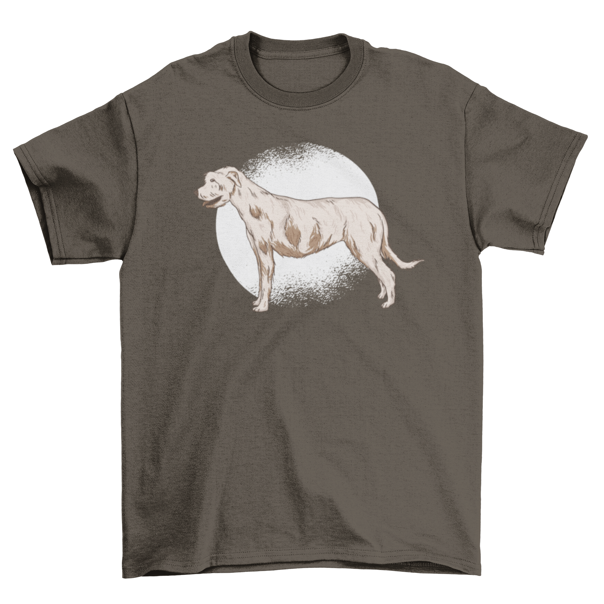 A stylish t-shirt featuring an illustration of an Irish Wolfhound, showcasing its majestic appearance.