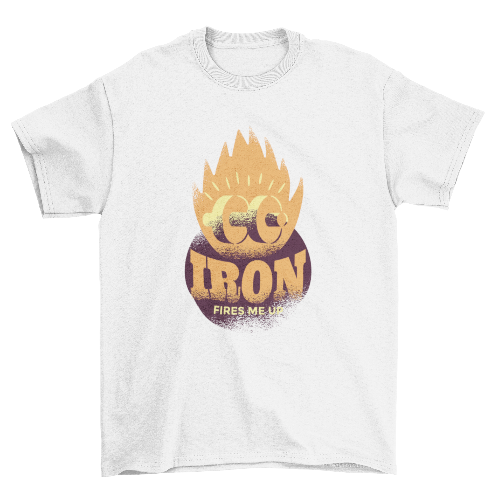 Iron Fire T-Shirt featuring a dumbbell in flames and motivational caption.