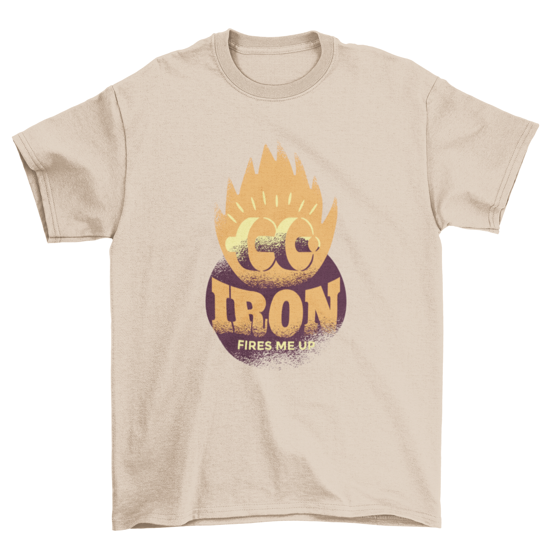 Iron Fire T-Shirt featuring a dumbbell in flames and motivational caption.