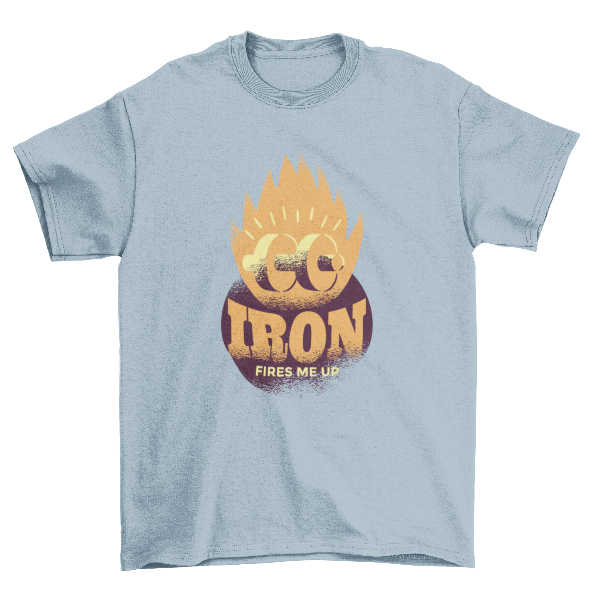 Iron Fire T-Shirt featuring a dumbbell in flames and motivational caption.