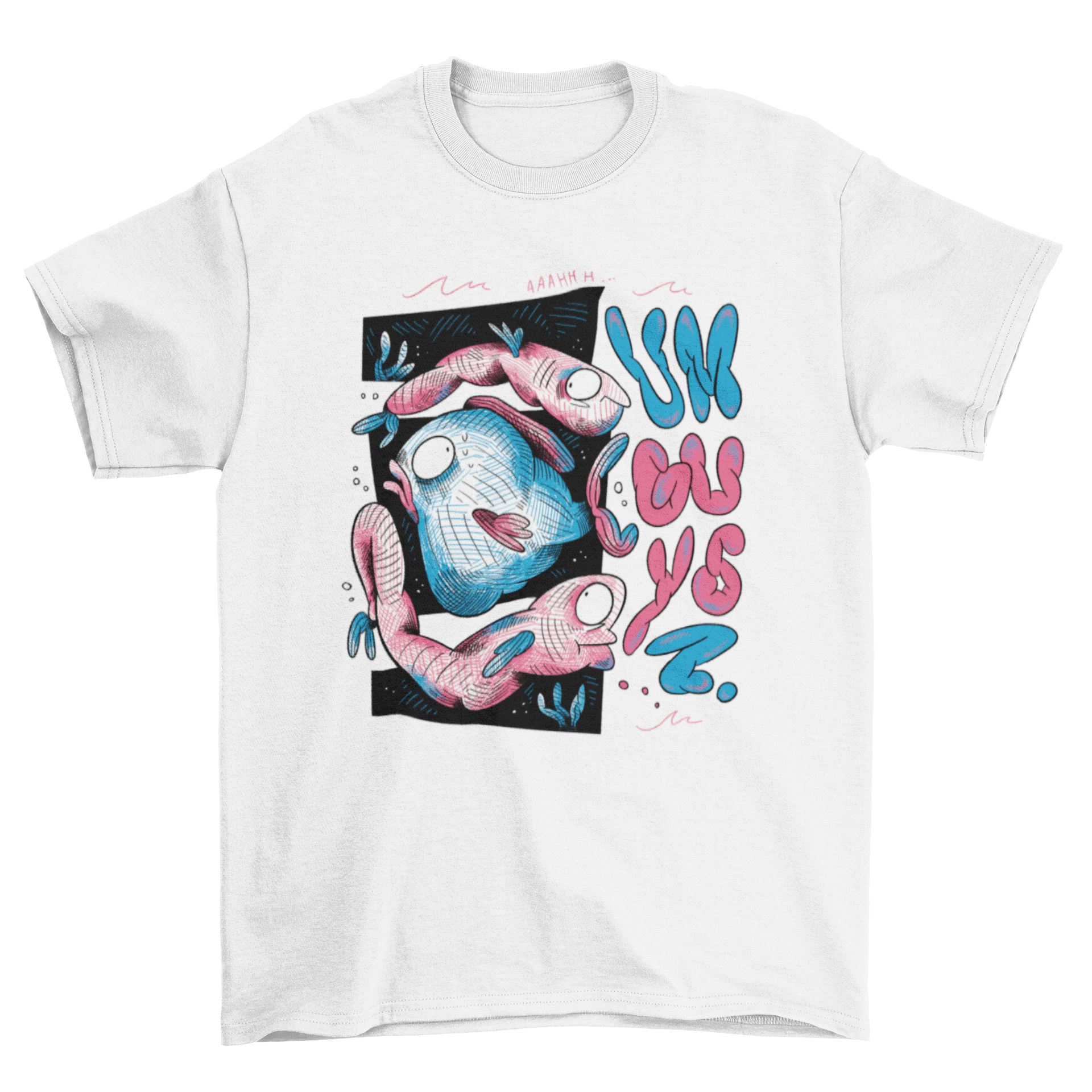 Ish Swimming Ocean Sketch T-Shirt featuring playful fish illustrations and the quote 'Um guys'.