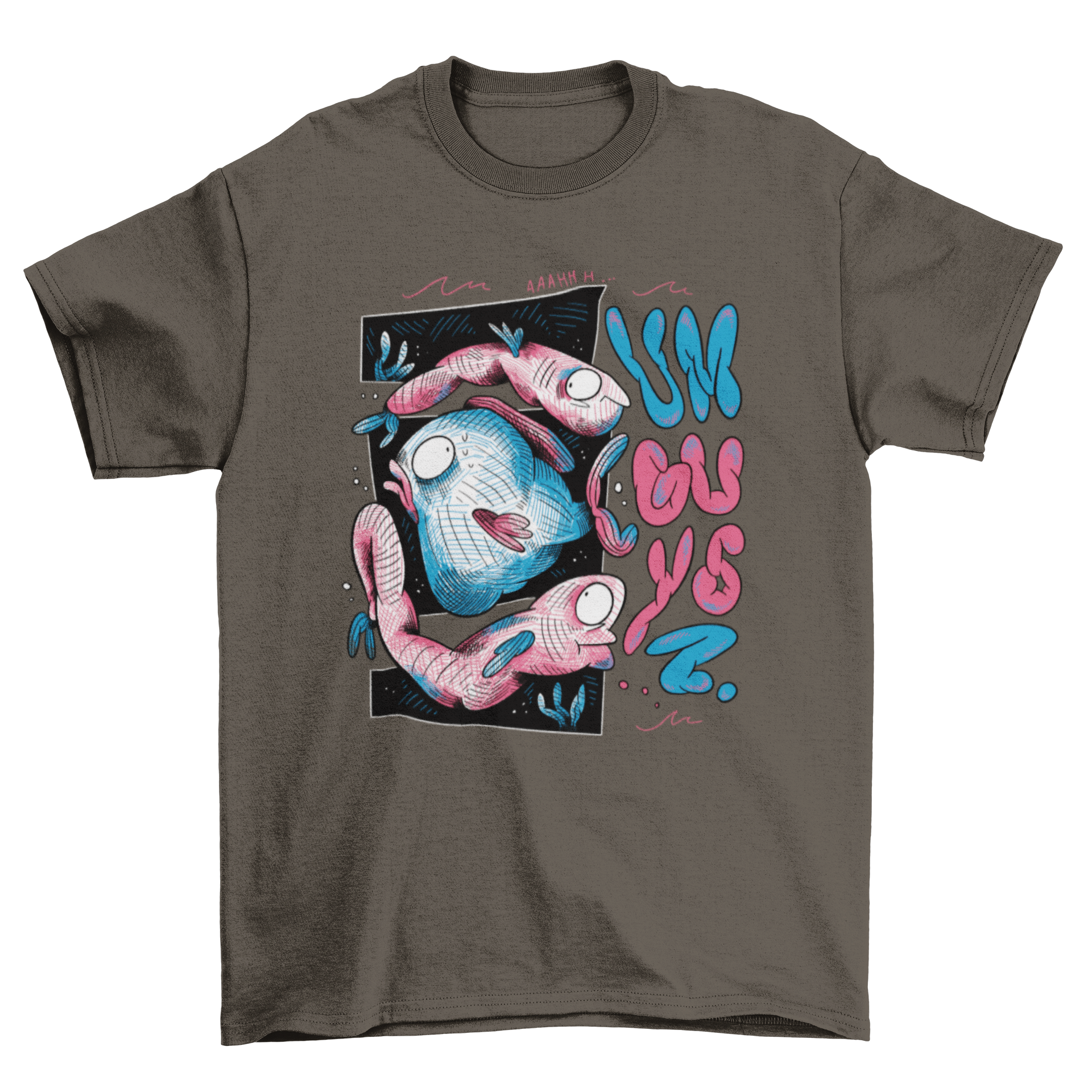 Ish Swimming Ocean Sketch T-Shirt featuring playful fish illustrations and the quote 'Um guys'.