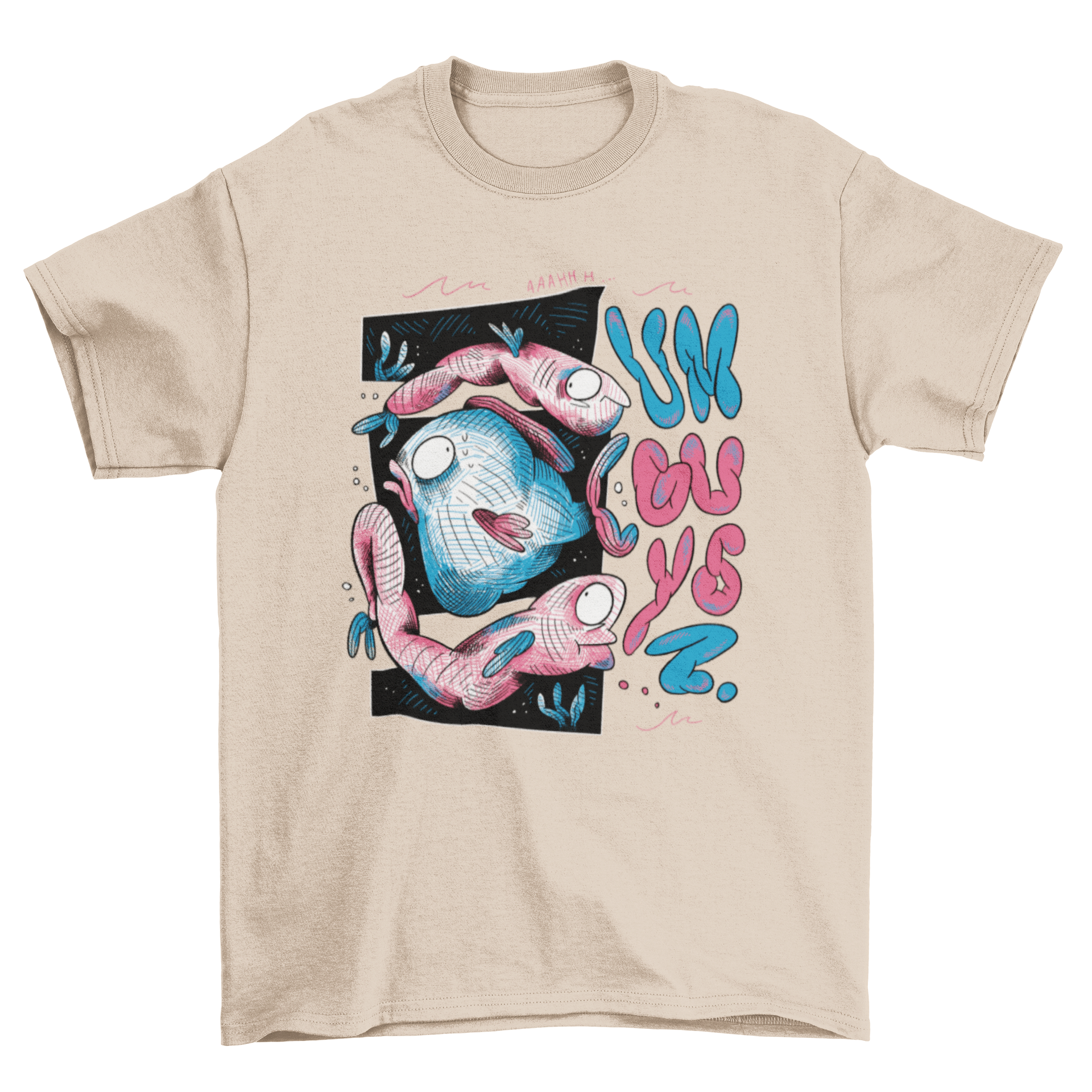 Ish Swimming Ocean Sketch T-Shirt featuring playful fish illustrations and the quote 'Um guys'.