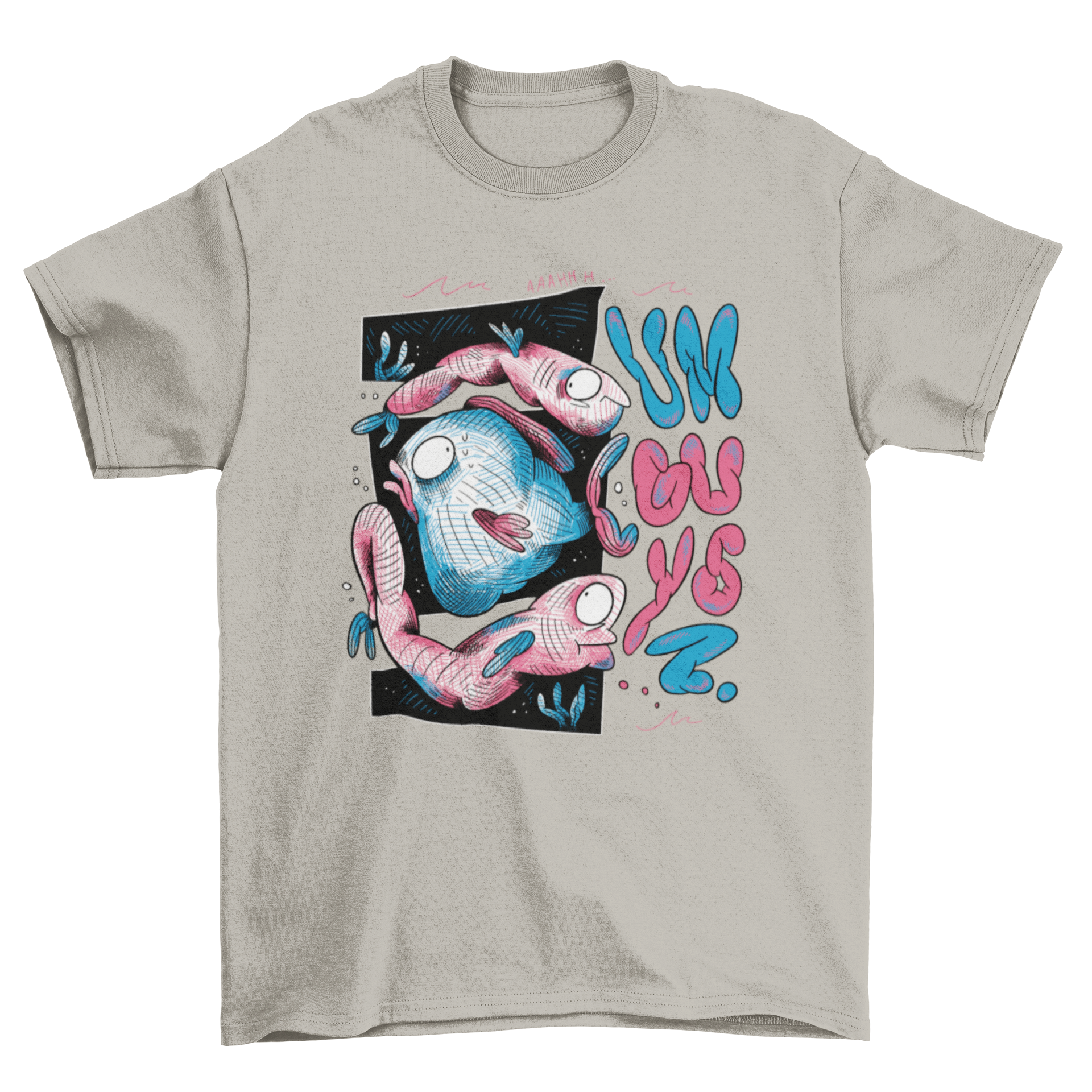 Ish Swimming Ocean Sketch T-Shirt featuring playful fish illustrations and the quote 'Um guys'.