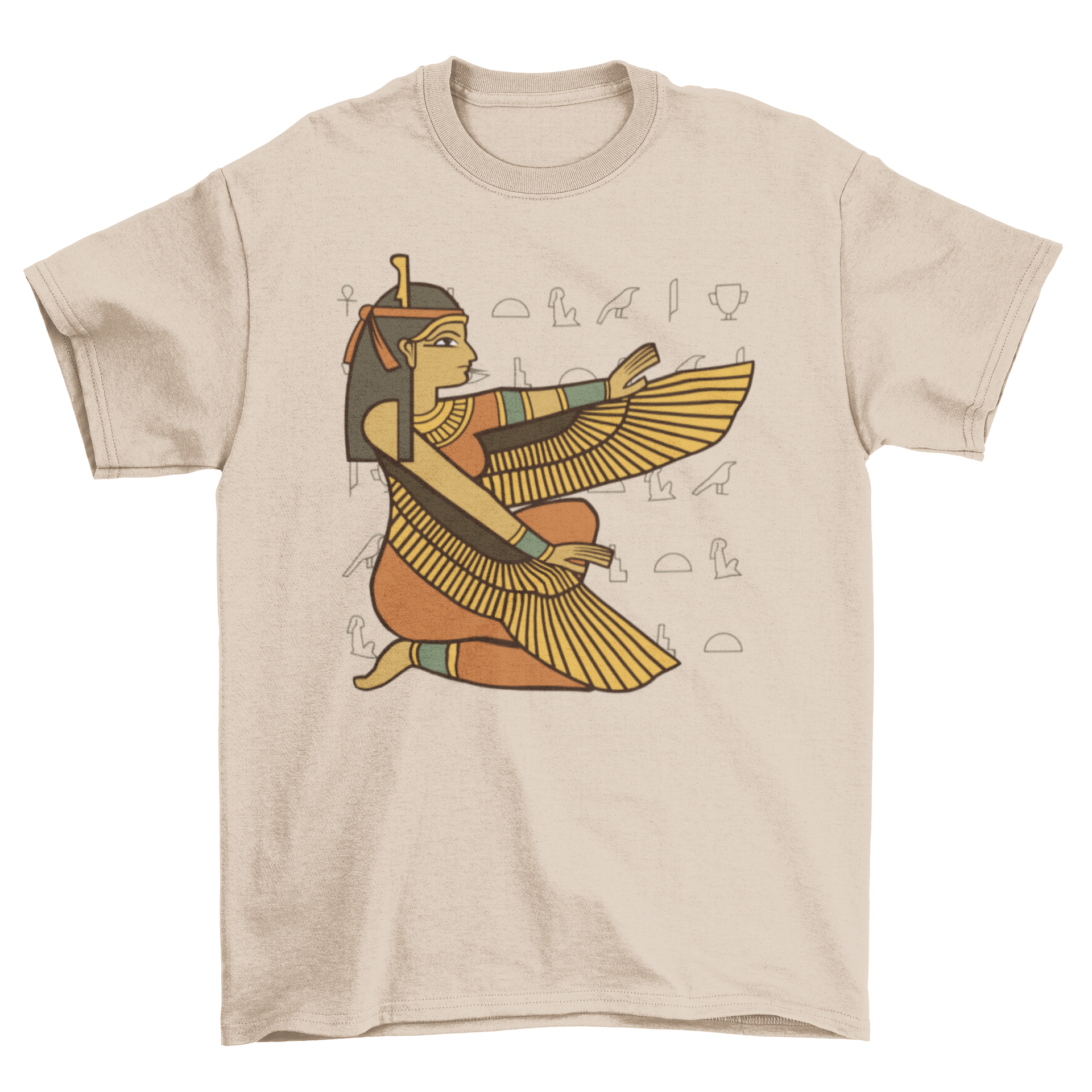 A stylish t-shirt featuring a detailed design of the Egyptian goddess Isis, showcasing her iconic imagery.