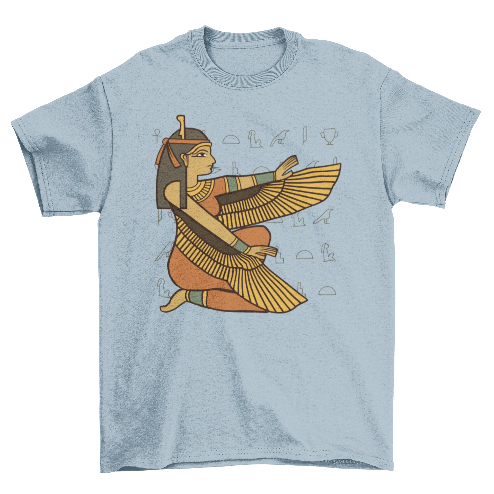 A stylish t-shirt featuring a detailed design of the Egyptian goddess Isis, showcasing her iconic imagery.