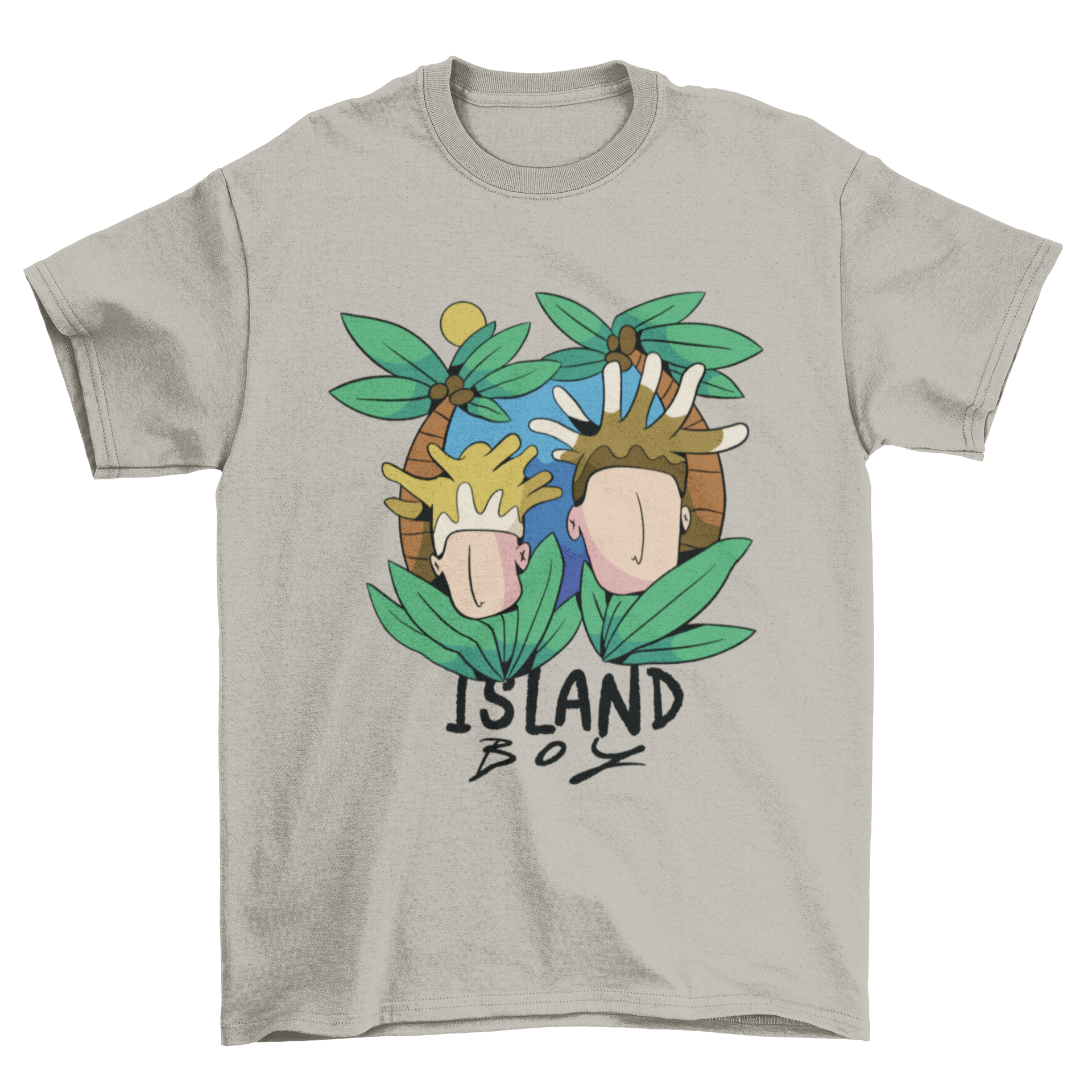 Island Boy T-Shirt featuring the quote 'I'm an island boy' with palm trees graphic on the back.