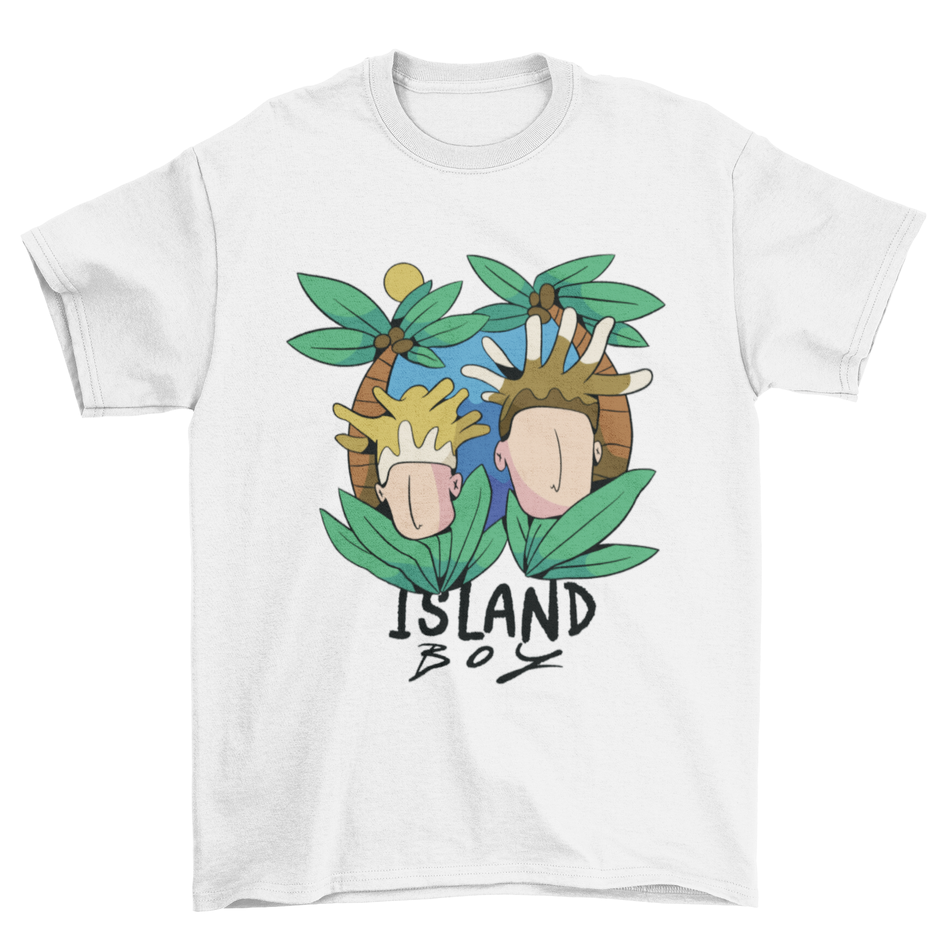 Island Boy T-Shirt featuring the quote 'I'm an island boy' with palm trees graphic on the back.