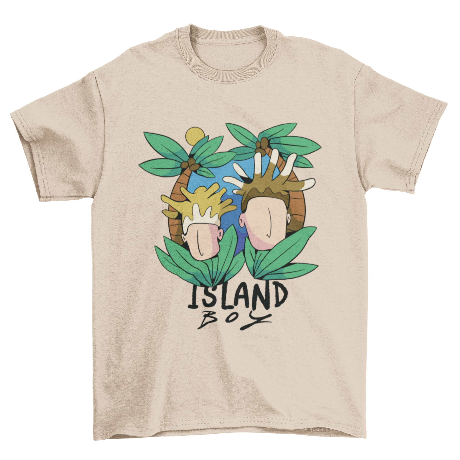 Island Boy T-Shirt featuring the quote 'I'm an island boy' with palm trees graphic on the back.