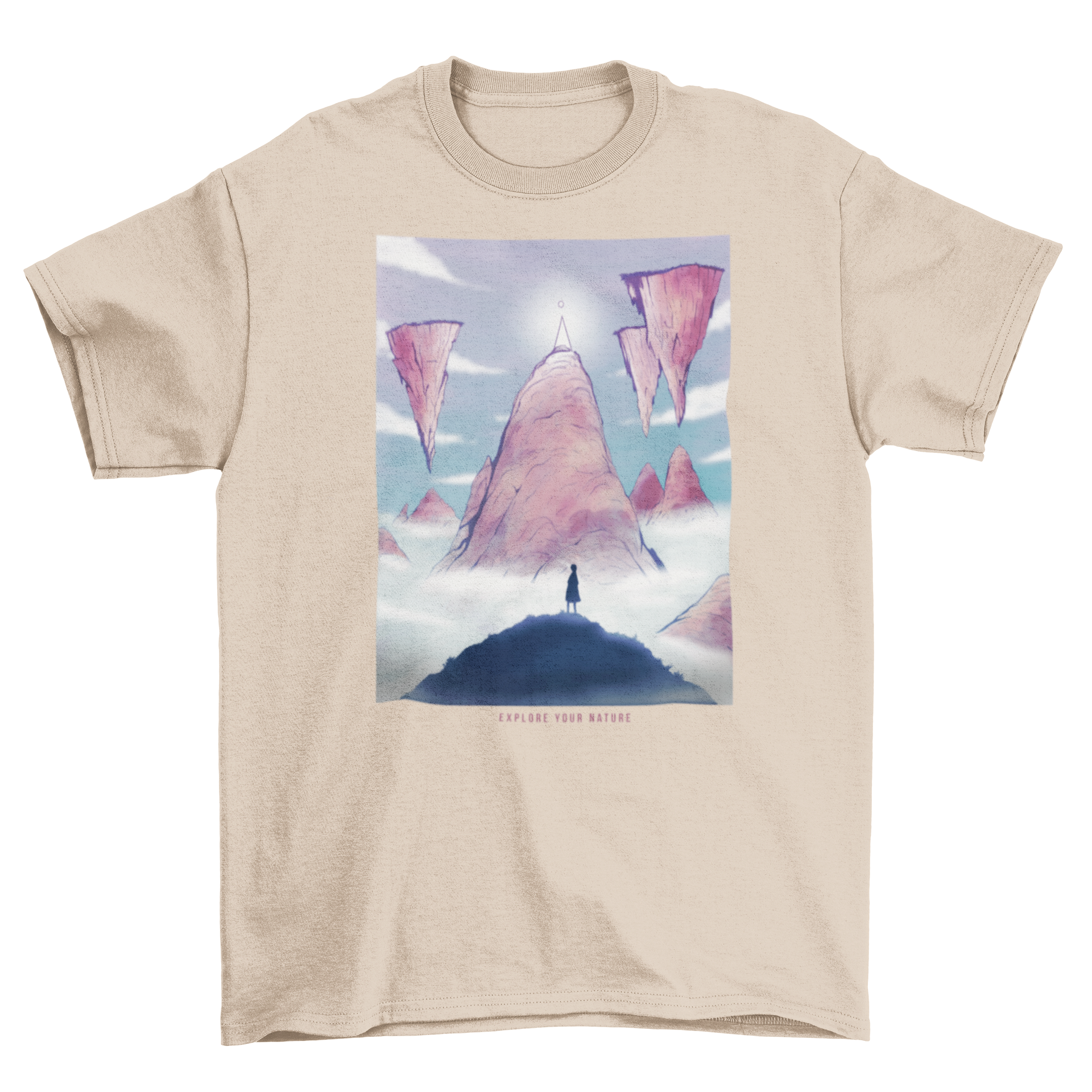 A fantasy landscape t-shirt featuring islands floating on clouds, showcasing vibrant colors and intricate design.