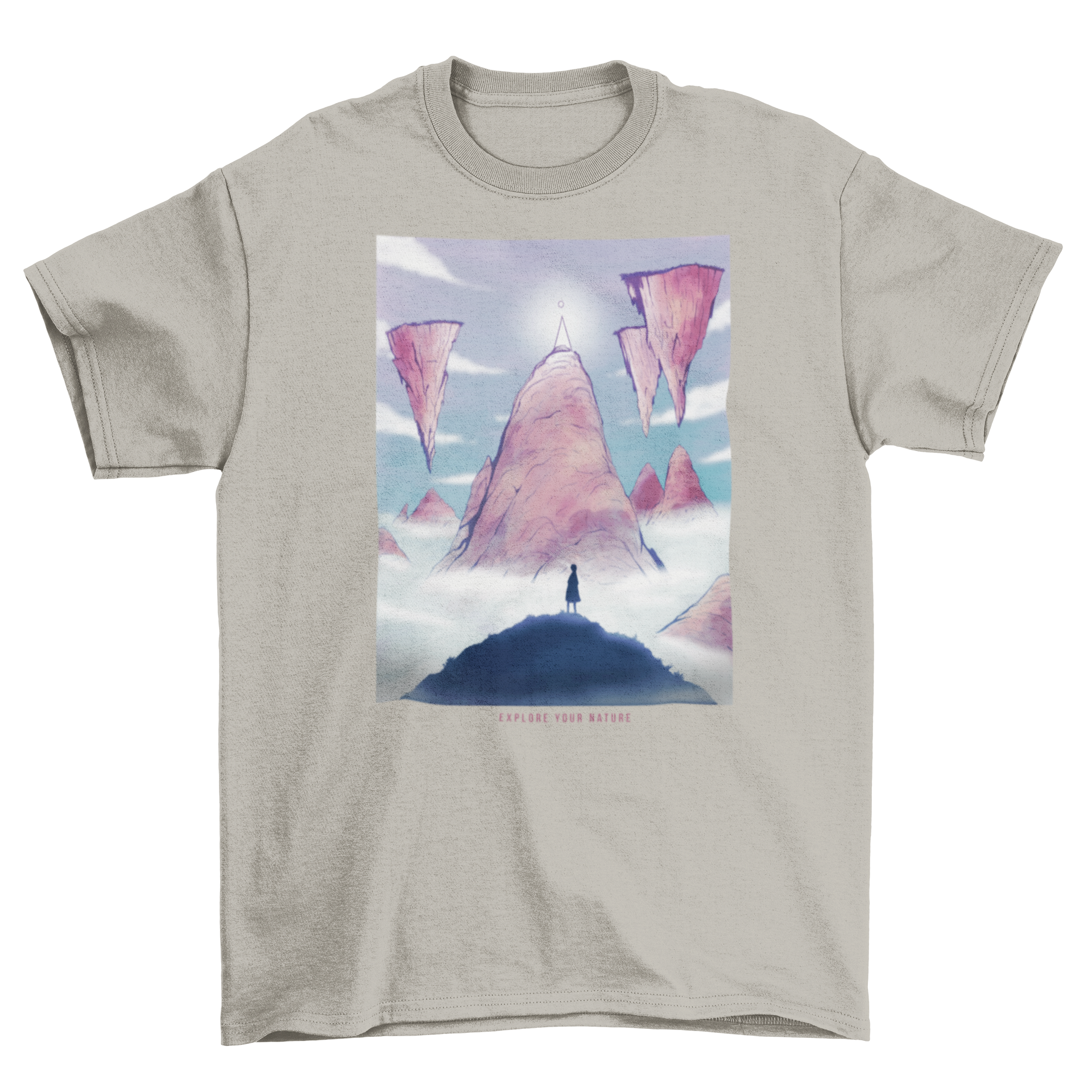 A fantasy landscape t-shirt featuring islands floating on clouds, showcasing vibrant colors and intricate design.