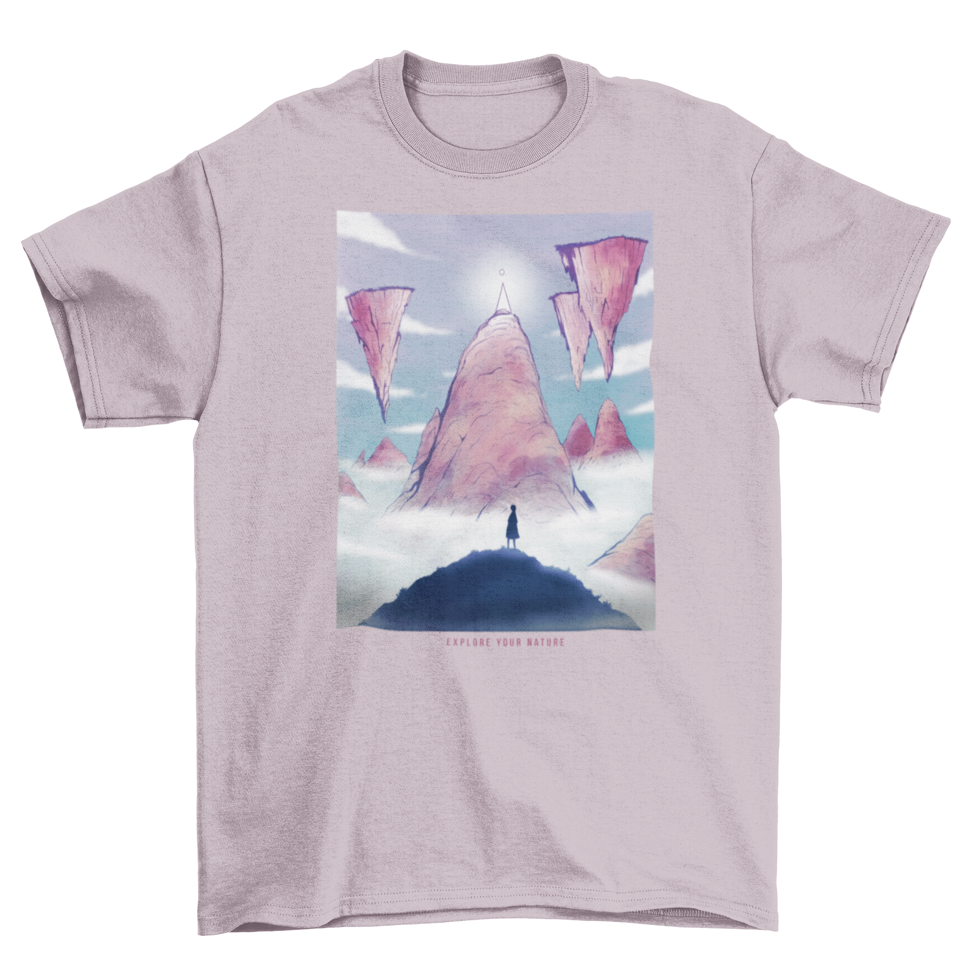 A fantasy landscape t-shirt featuring islands floating on clouds, showcasing vibrant colors and intricate design.