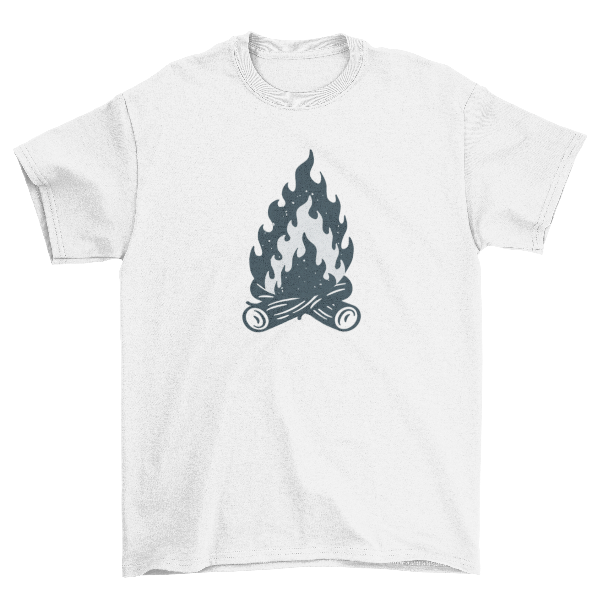 A stylish t-shirt featuring an isolated campfire illustration with logs, perfect for outdoor enthusiasts.