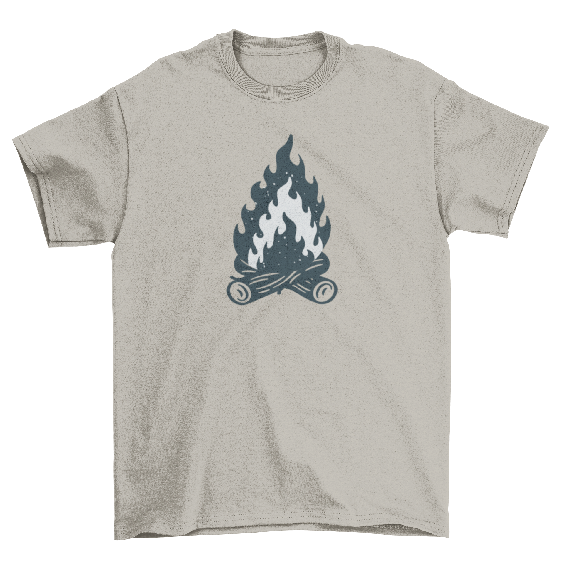 A stylish t-shirt featuring an isolated campfire illustration with logs, perfect for outdoor enthusiasts.