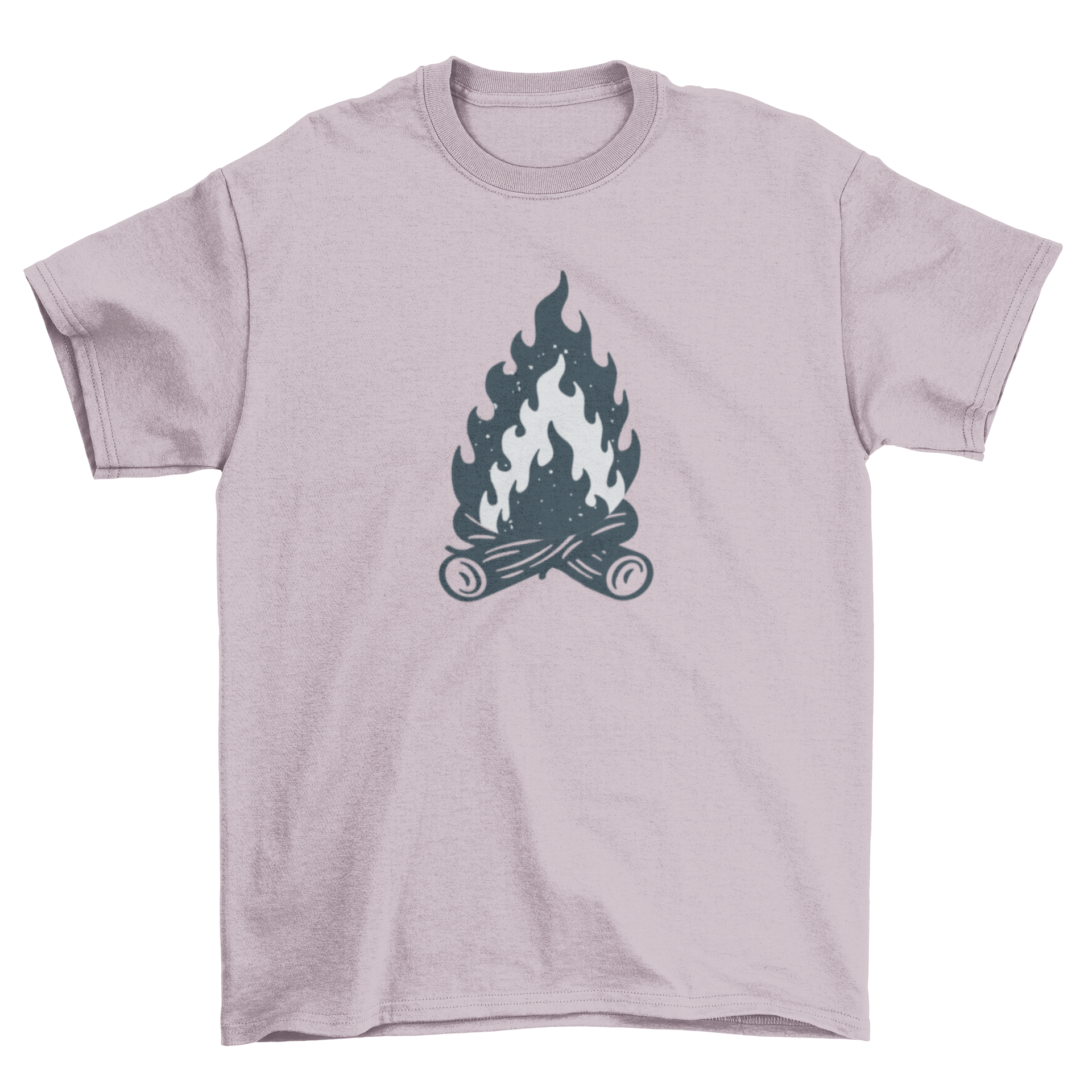 A stylish t-shirt featuring an isolated campfire illustration with logs, perfect for outdoor enthusiasts.