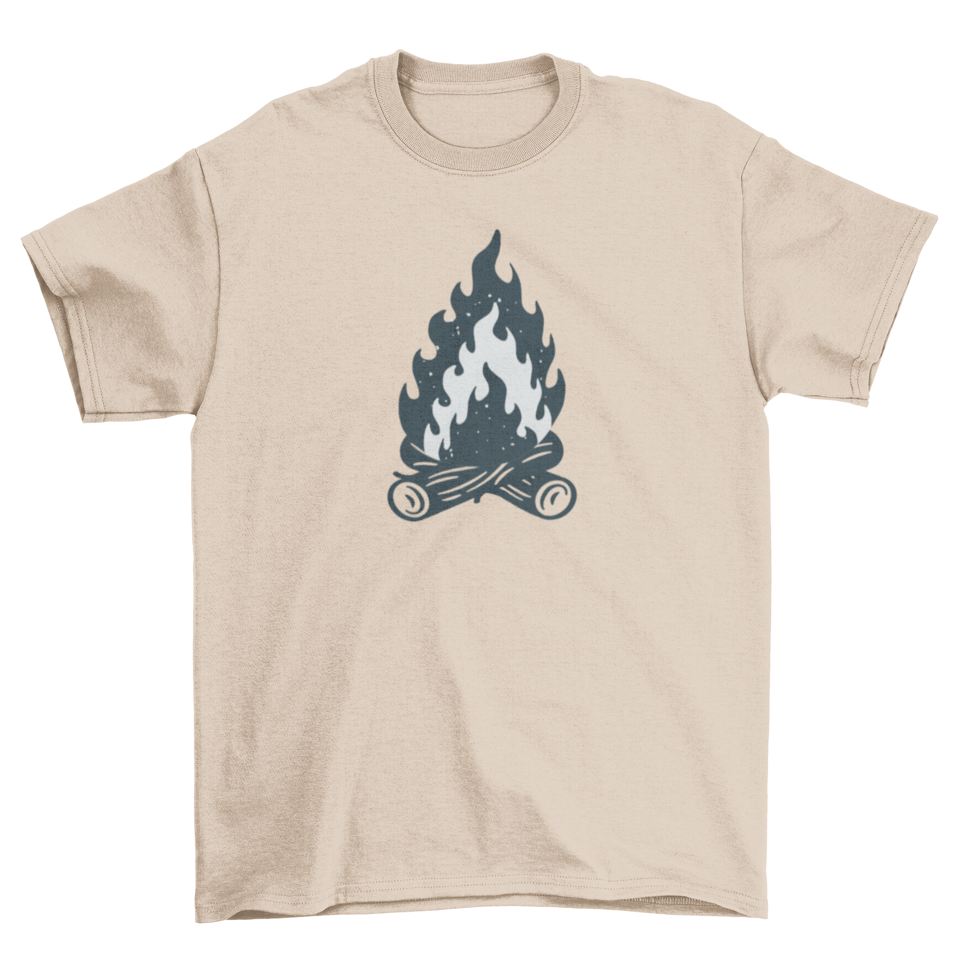 A stylish t-shirt featuring an isolated campfire illustration with logs, perfect for outdoor enthusiasts.