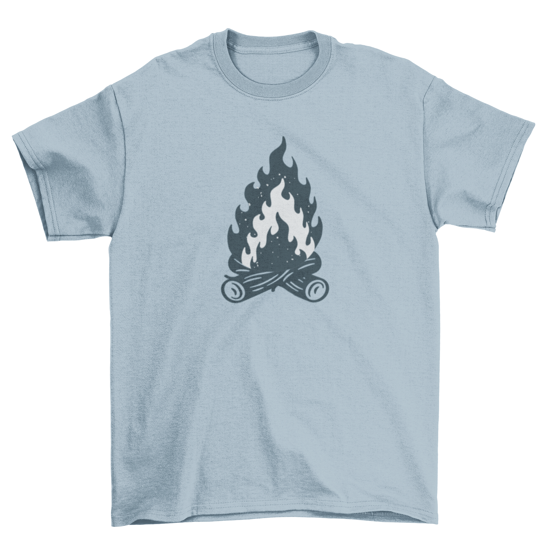 A stylish t-shirt featuring an isolated campfire illustration with logs, perfect for outdoor enthusiasts.