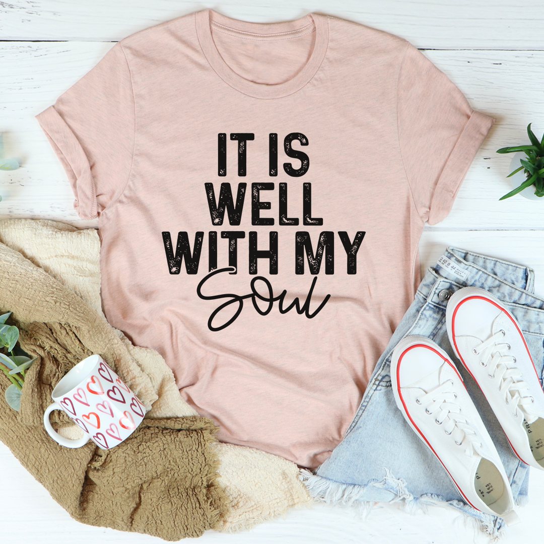 It Is Well With My Soul T-Shirt displayed on a mannequin, showcasing its soft cotton fabric and double-stitched neckline.