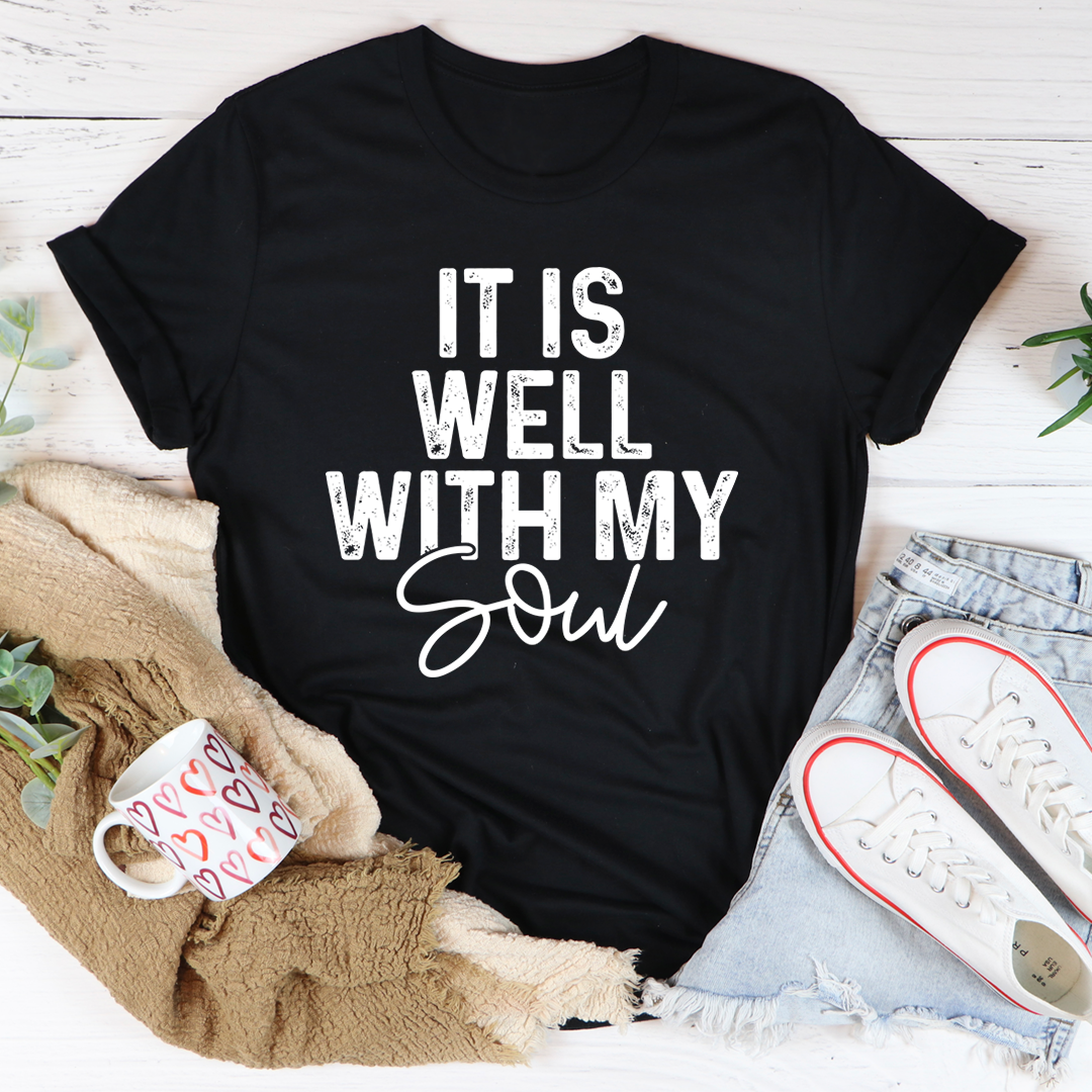 It Is Well With My Soul T-Shirt displayed on a mannequin, showcasing its soft cotton fabric and double-stitched neckline.