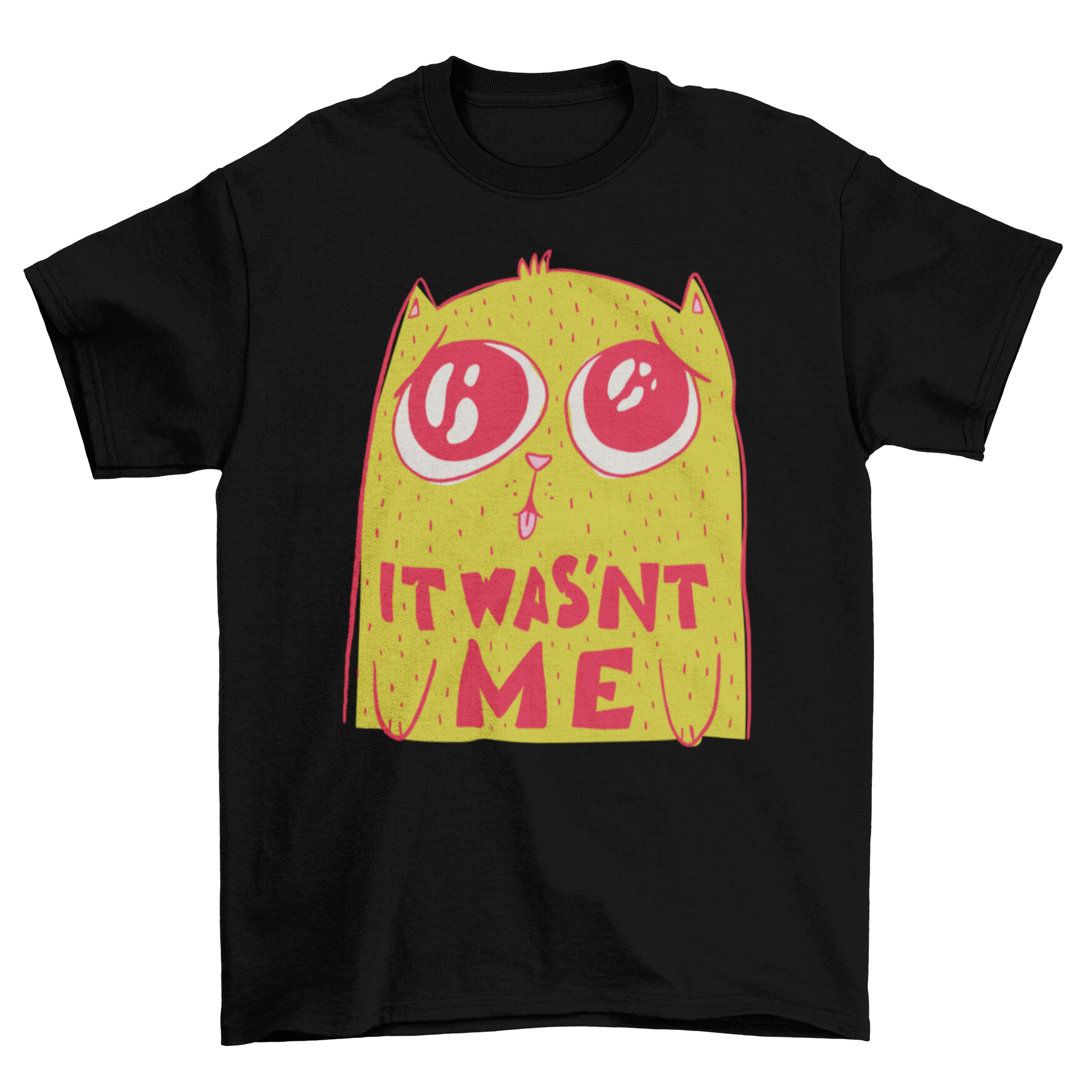 It Wasn't Me T-shirt featuring a cute cat graphic and humorous quote.