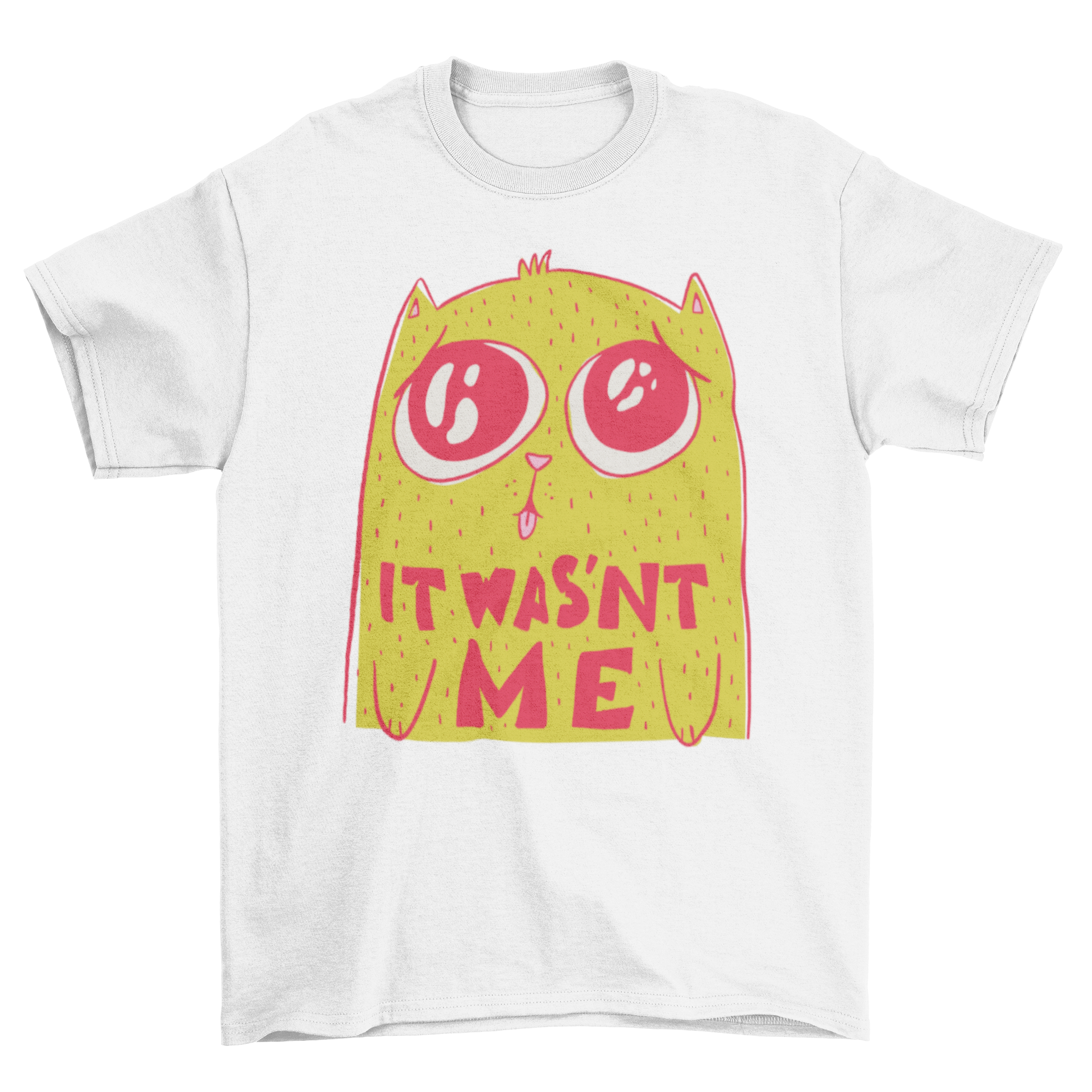 It Wasn't Me T-shirt featuring a cute cat graphic and humorous quote.