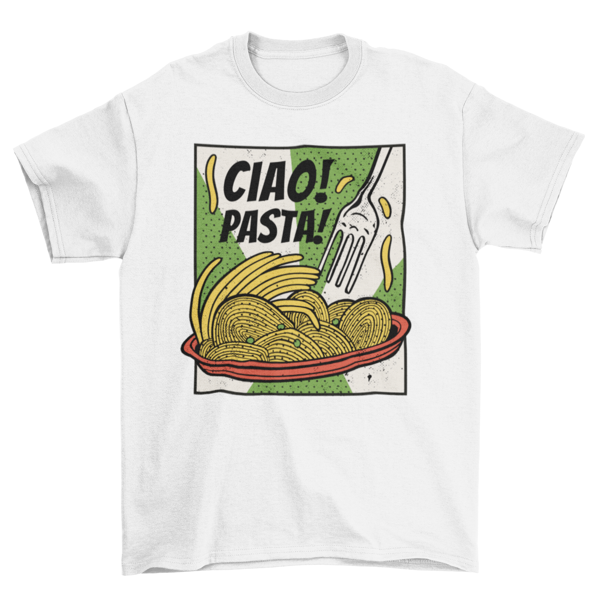 A stylish t-shirt featuring a colorful plate of spaghetti with a fork and the quote 'Ciao pasta'.