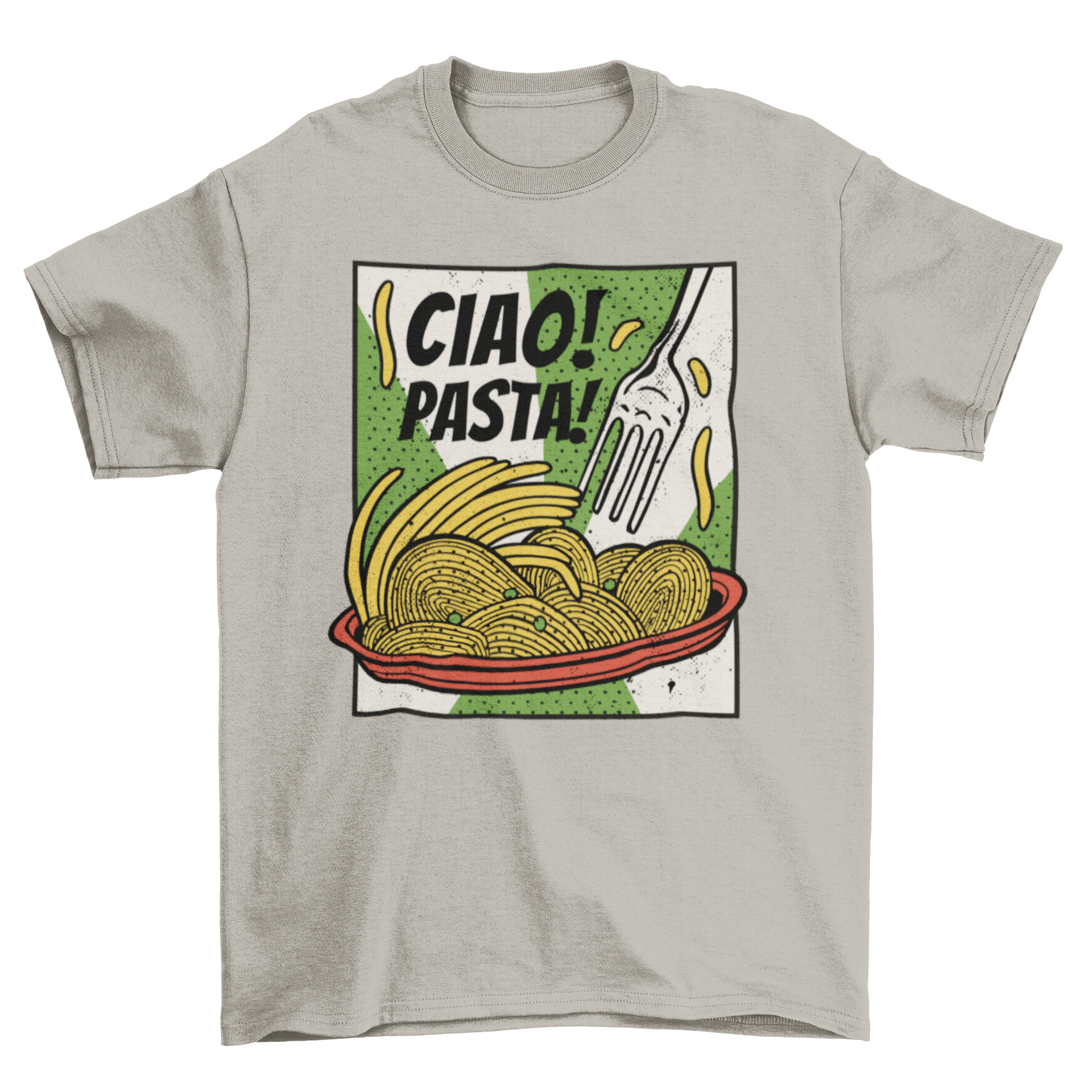 A stylish t-shirt featuring a colorful plate of spaghetti with a fork and the quote 'Ciao pasta'.