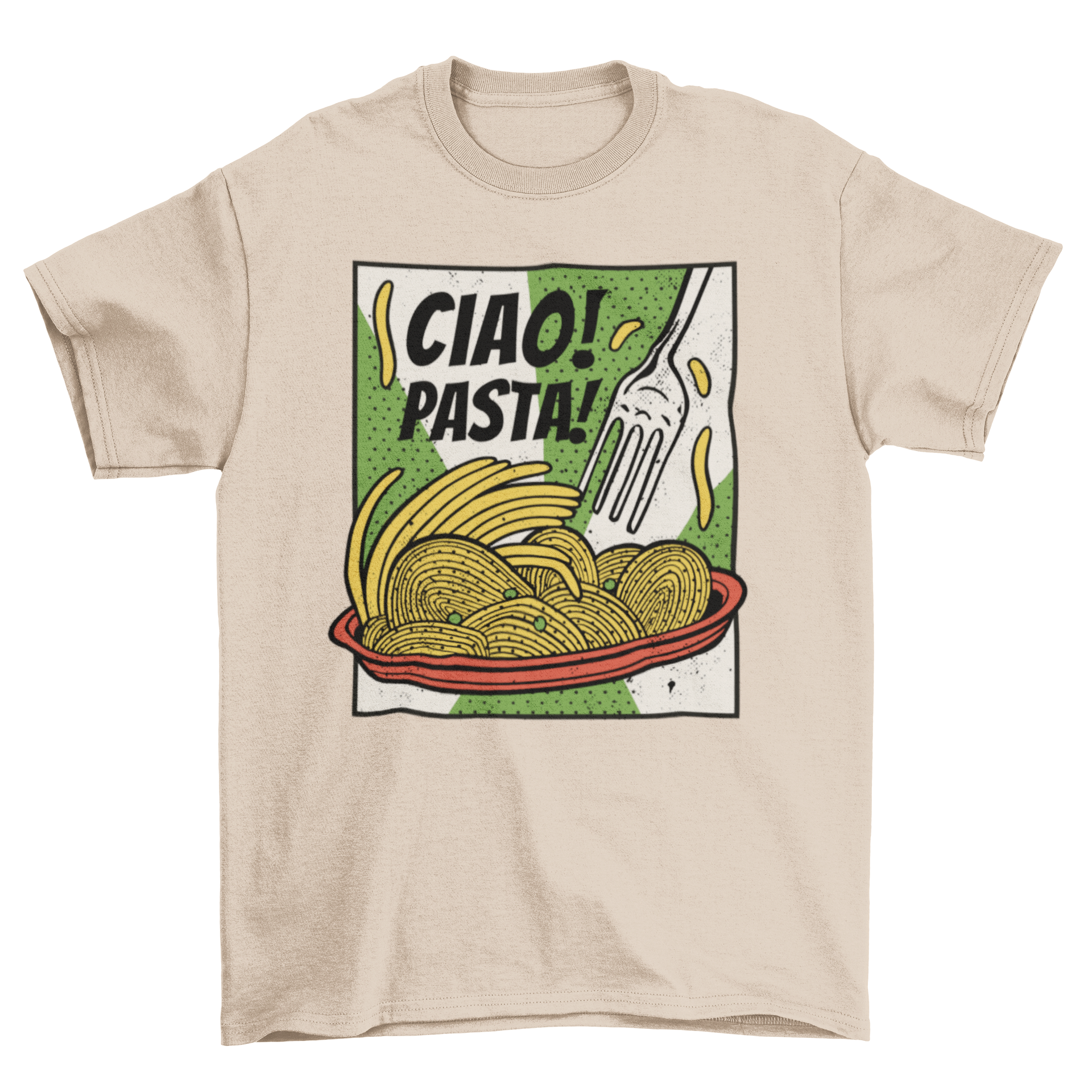 A stylish t-shirt featuring a colorful plate of spaghetti with a fork and the quote 'Ciao pasta'.