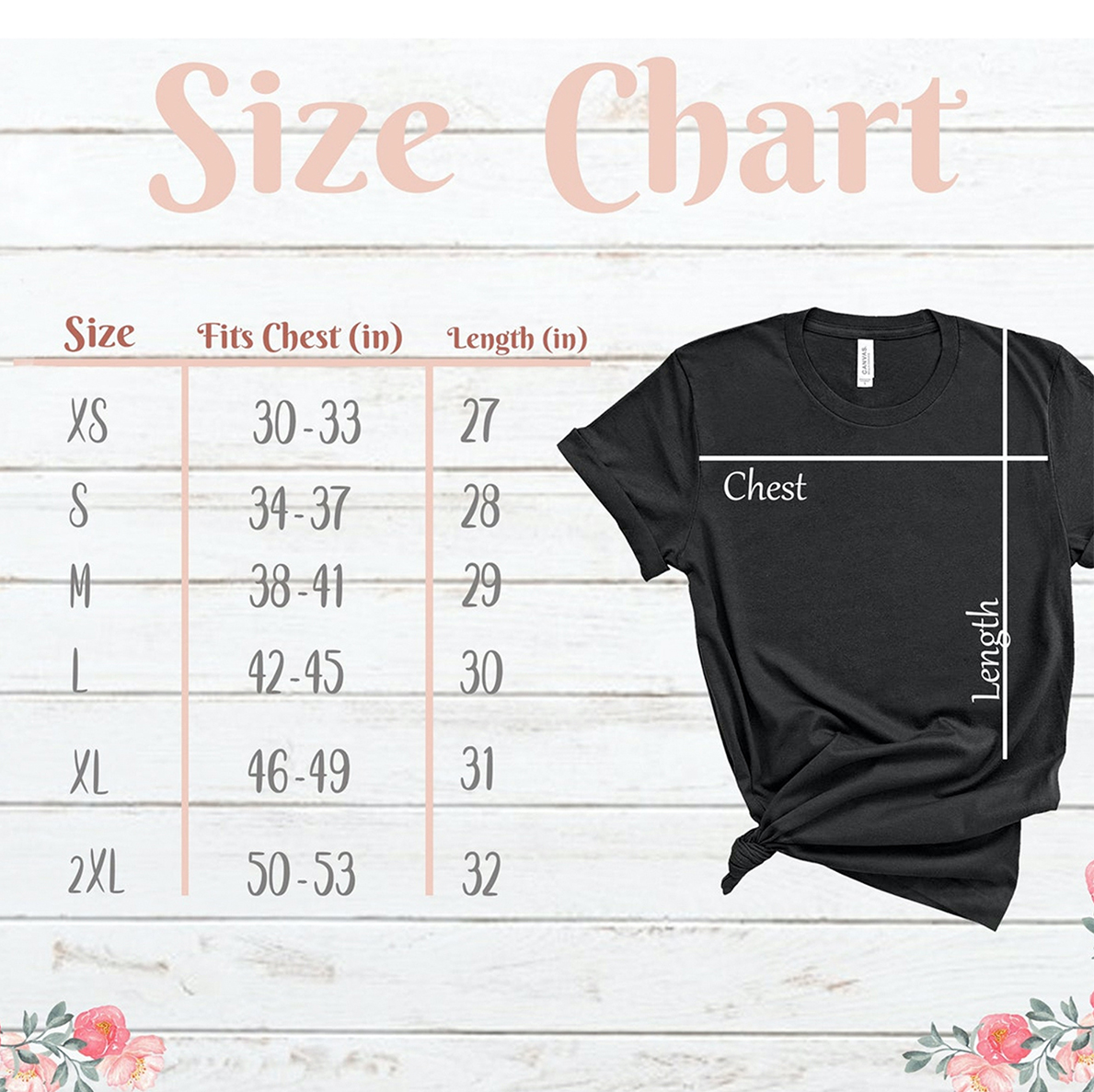 T-shirt size chart with measurements.