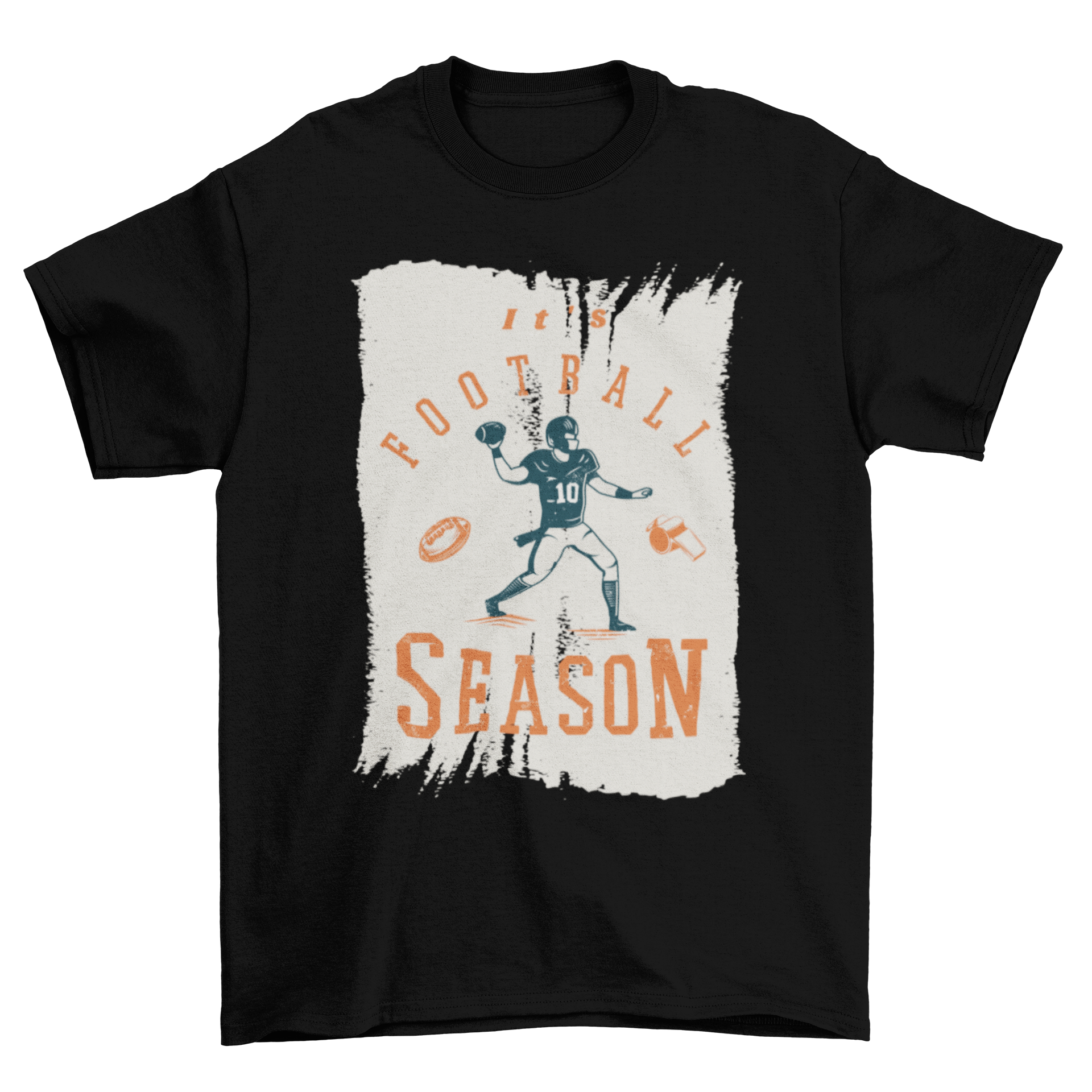 A vibrant t-shirt featuring a football player graphic and the text 'It's Football Season', perfect for football fans.