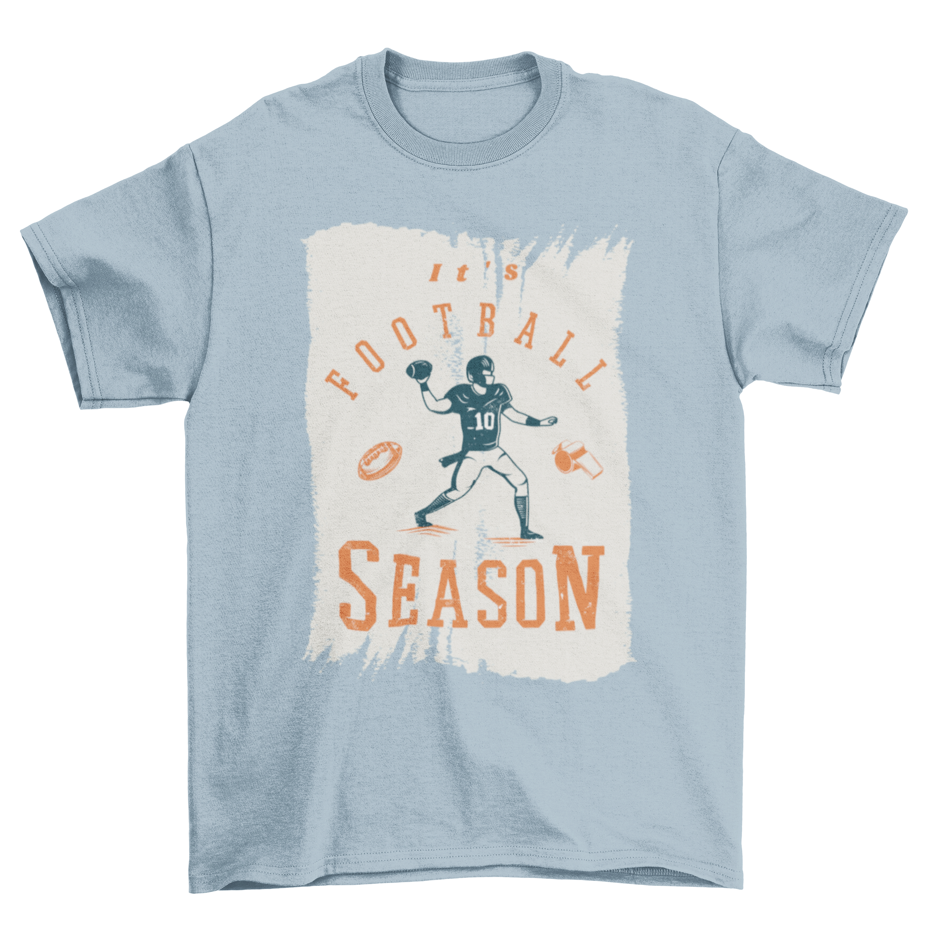 A vibrant t-shirt featuring a football player graphic and the text 'It's Football Season', perfect for football fans.