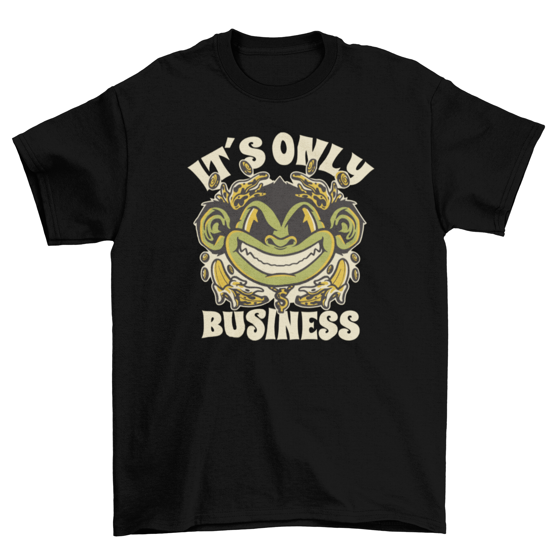 A stylish t-shirt featuring a playful money monkey design with the quote 'It's only business'.