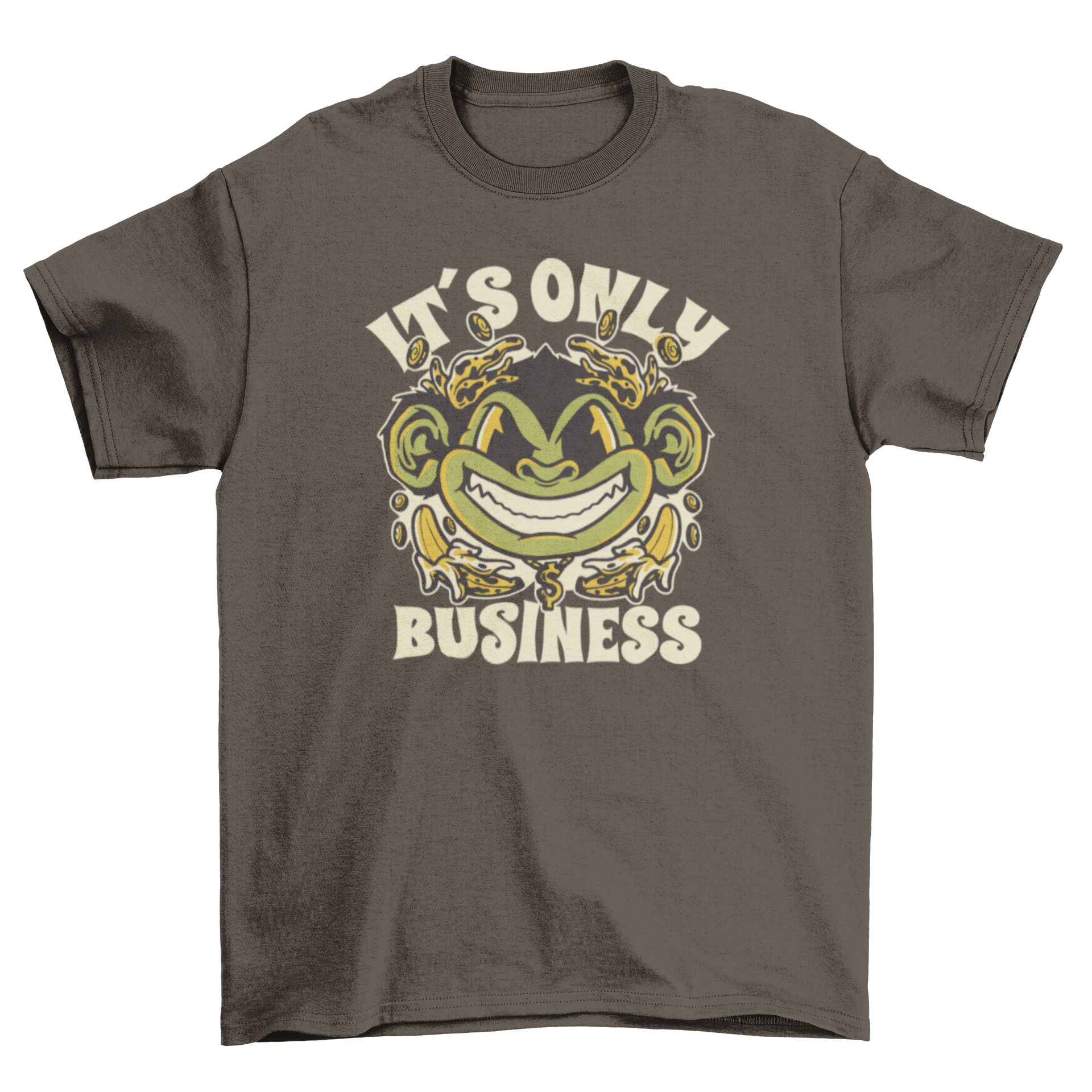 A stylish t-shirt featuring a playful money monkey design with the quote 'It's only business'.