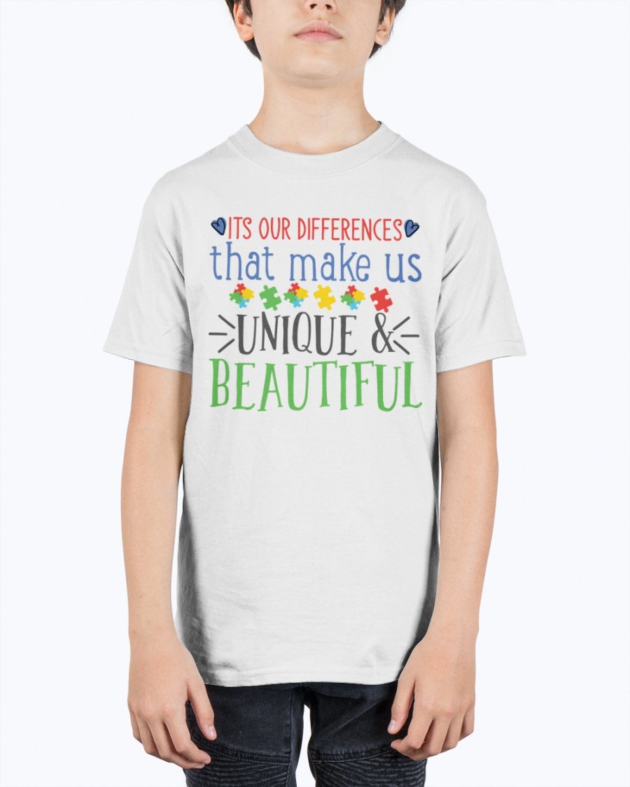 Youth tee featuring the message 'Its Our Differences That Make Us Unique & Beautiful - Autism', made from soft cotton.