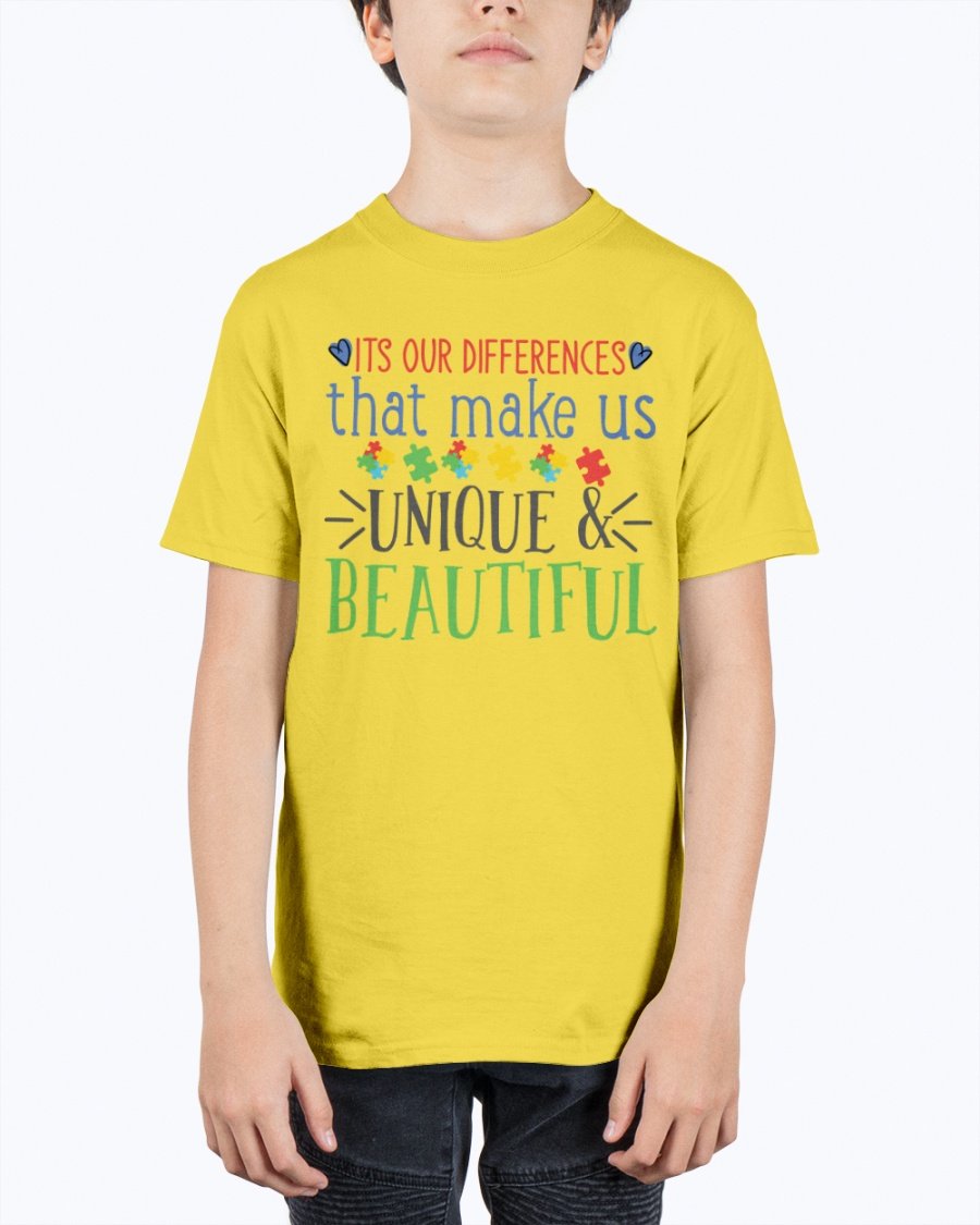 Youth tee featuring the message 'Its Our Differences That Make Us Unique & Beautiful - Autism', made from soft cotton.