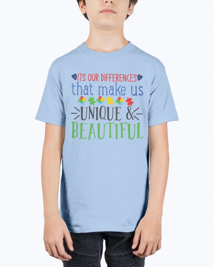 Youth tee featuring the message 'Its Our Differences That Make Us Unique & Beautiful - Autism', made from soft cotton.