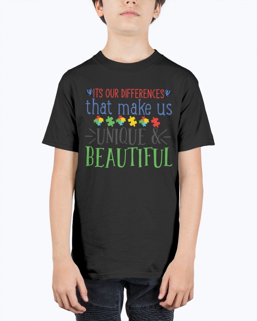 Youth tee featuring the message 'Its Our Differences That Make Us Unique & Beautiful - Autism', made from soft cotton.